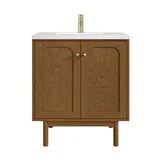 Laurent 30" Single Vanity, Honey Oak w/ Single Hole 3 CM White Zeus Silestone Top and Matching Backsplash