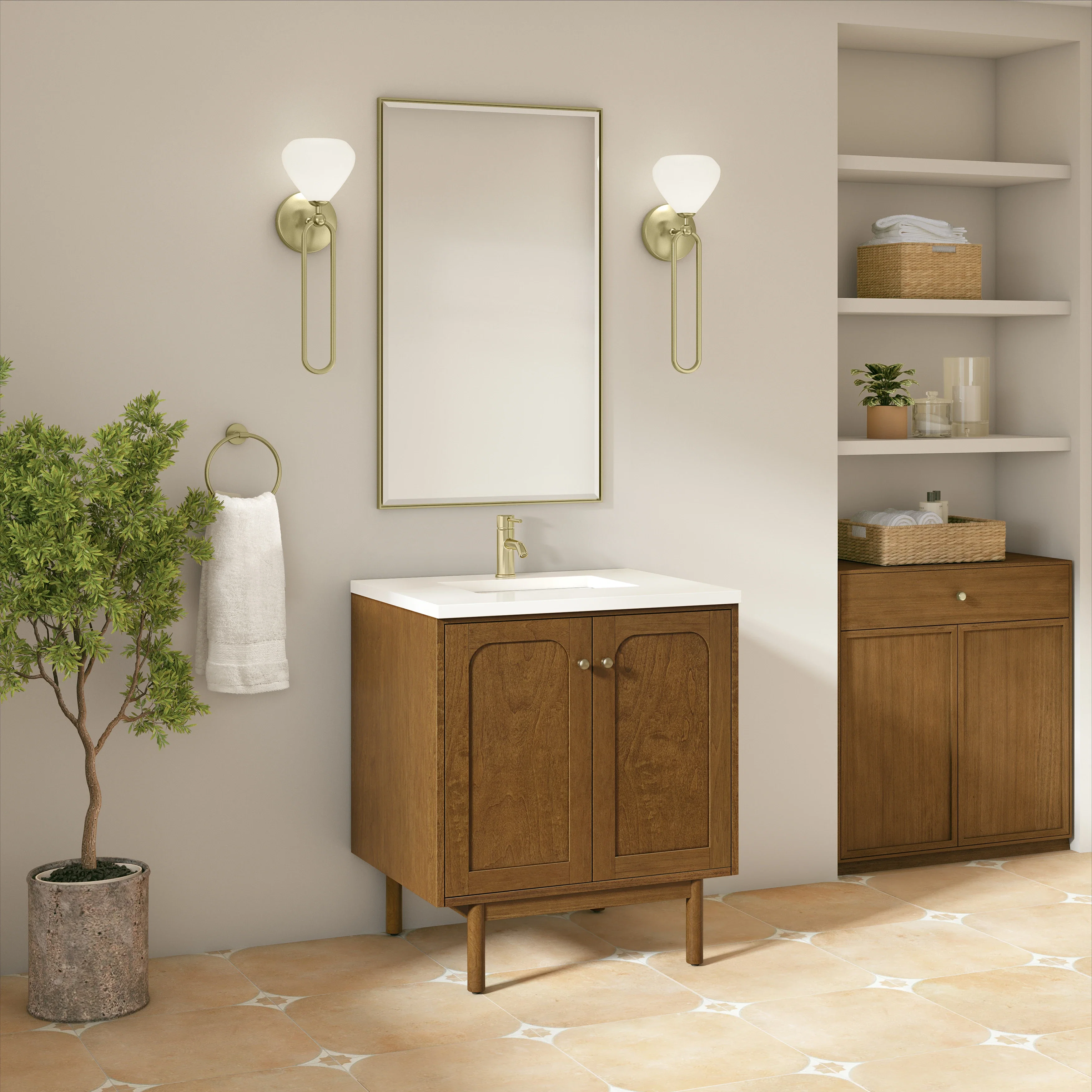 Laurent 30" Single Vanity, Honey Oak w/ Single Hole 3 CM White Zeus Silestone Top and Matching Backsplash