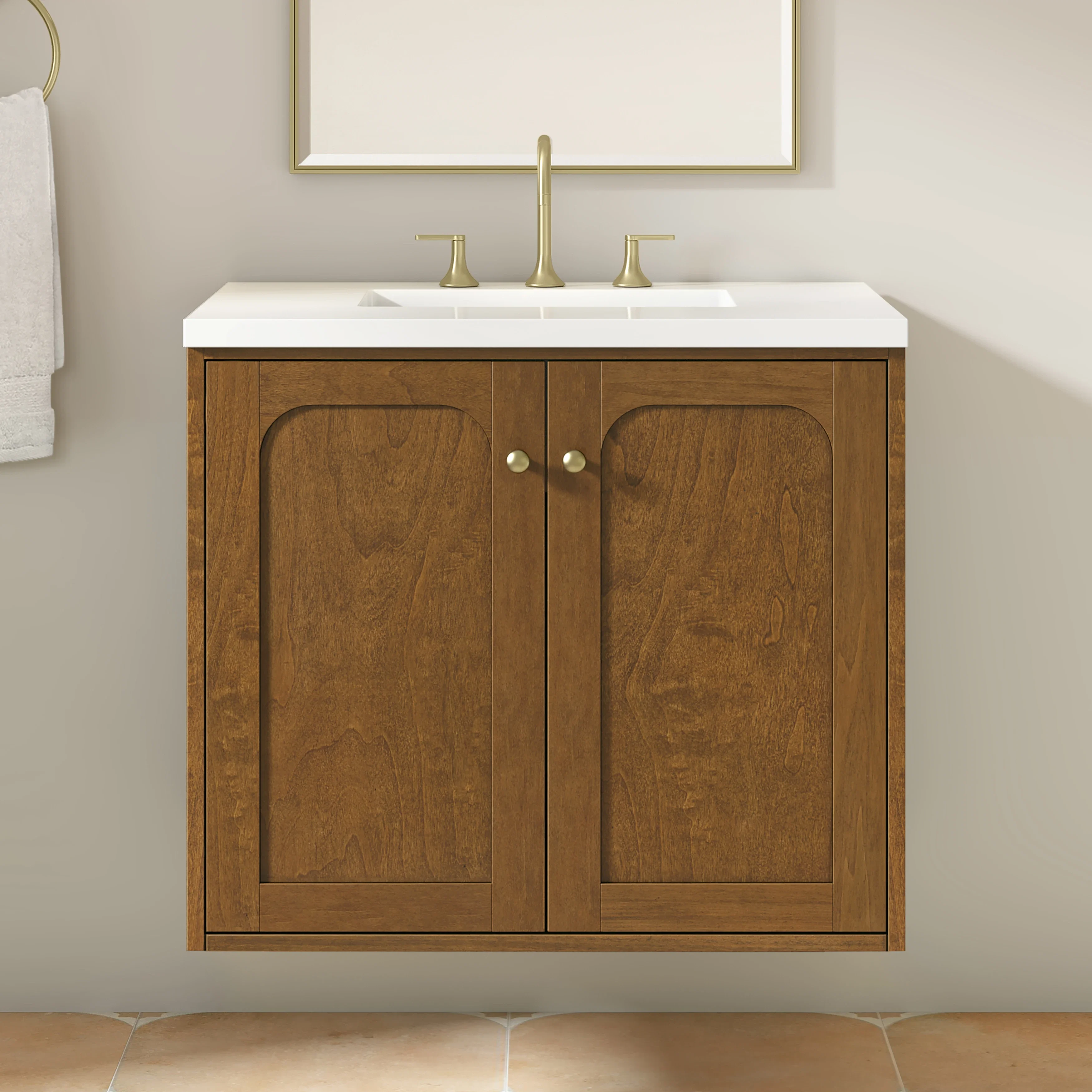 Laurent 30" Single Vanity, Honey Oak w/ 3 CM White Zeus Silestone Top