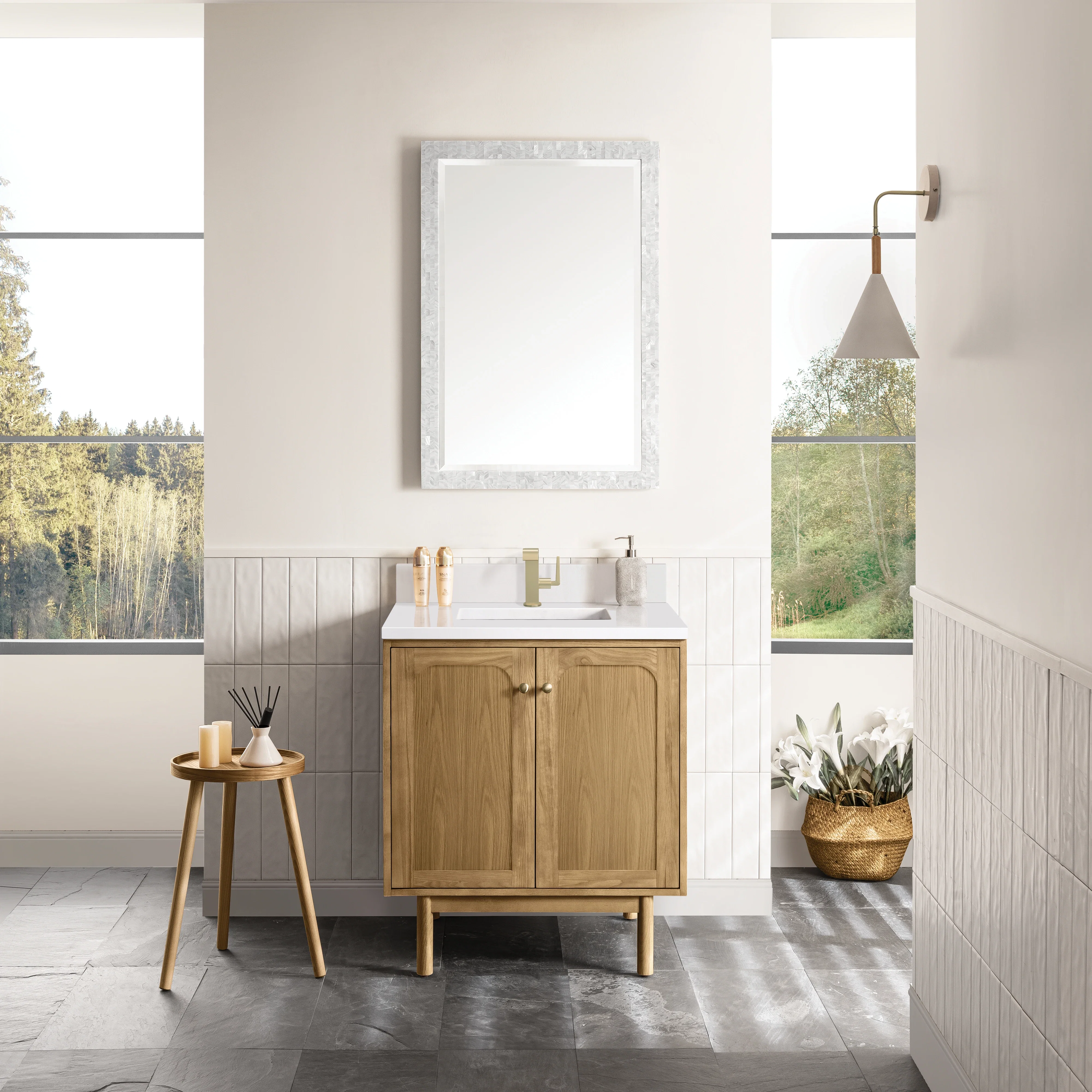 Laurent 30" Single Vanity, Light Natural Oak w/ Single Hole 3 CM White Zeus Top & Backsplash