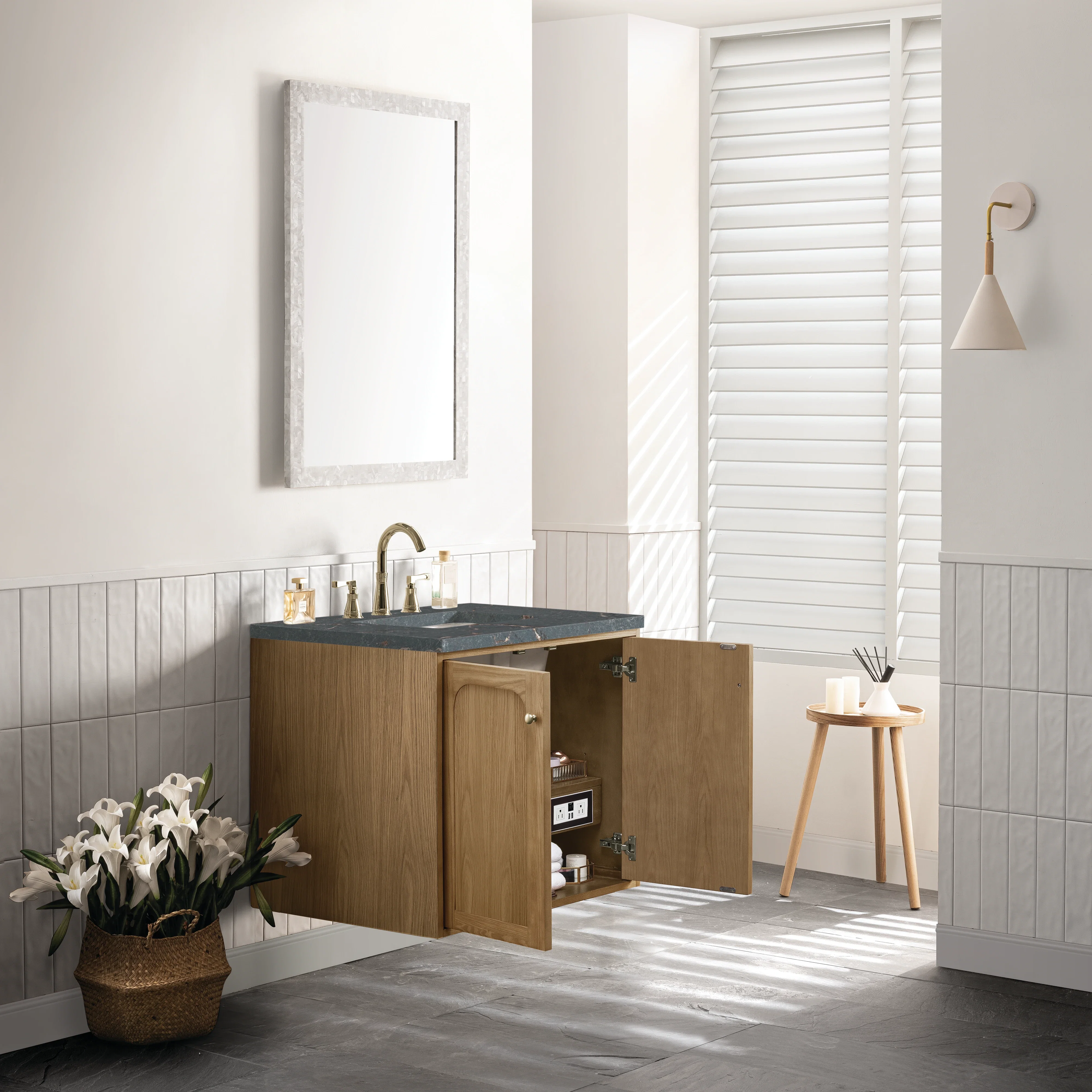 Laurent 30" Single Vanity, Light Natural Oak w/ 3 CM Parisien Bleu Top