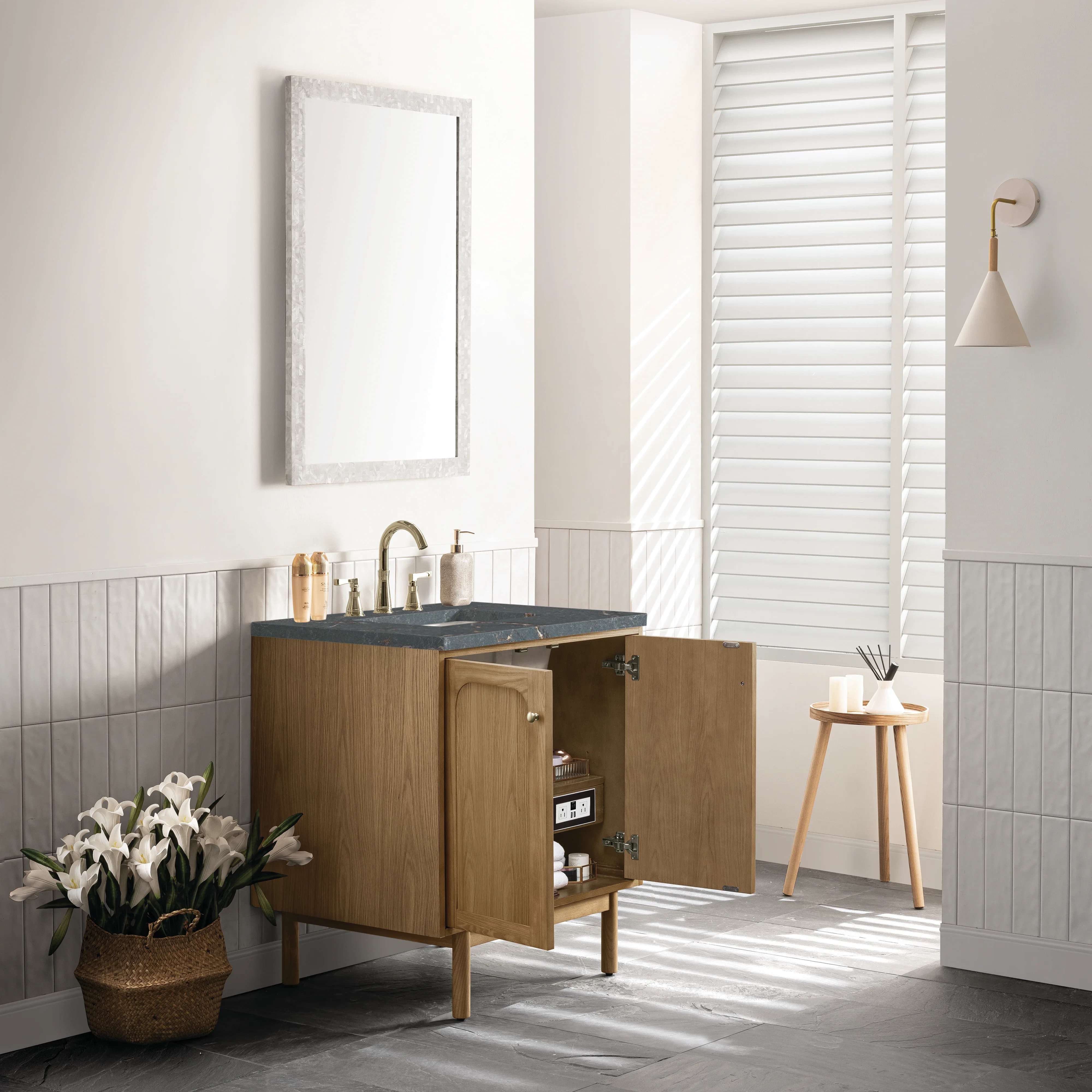 Laurent 30" Single Vanity, Light Natural Oak w/ 3 CM Parisien Bleu Top