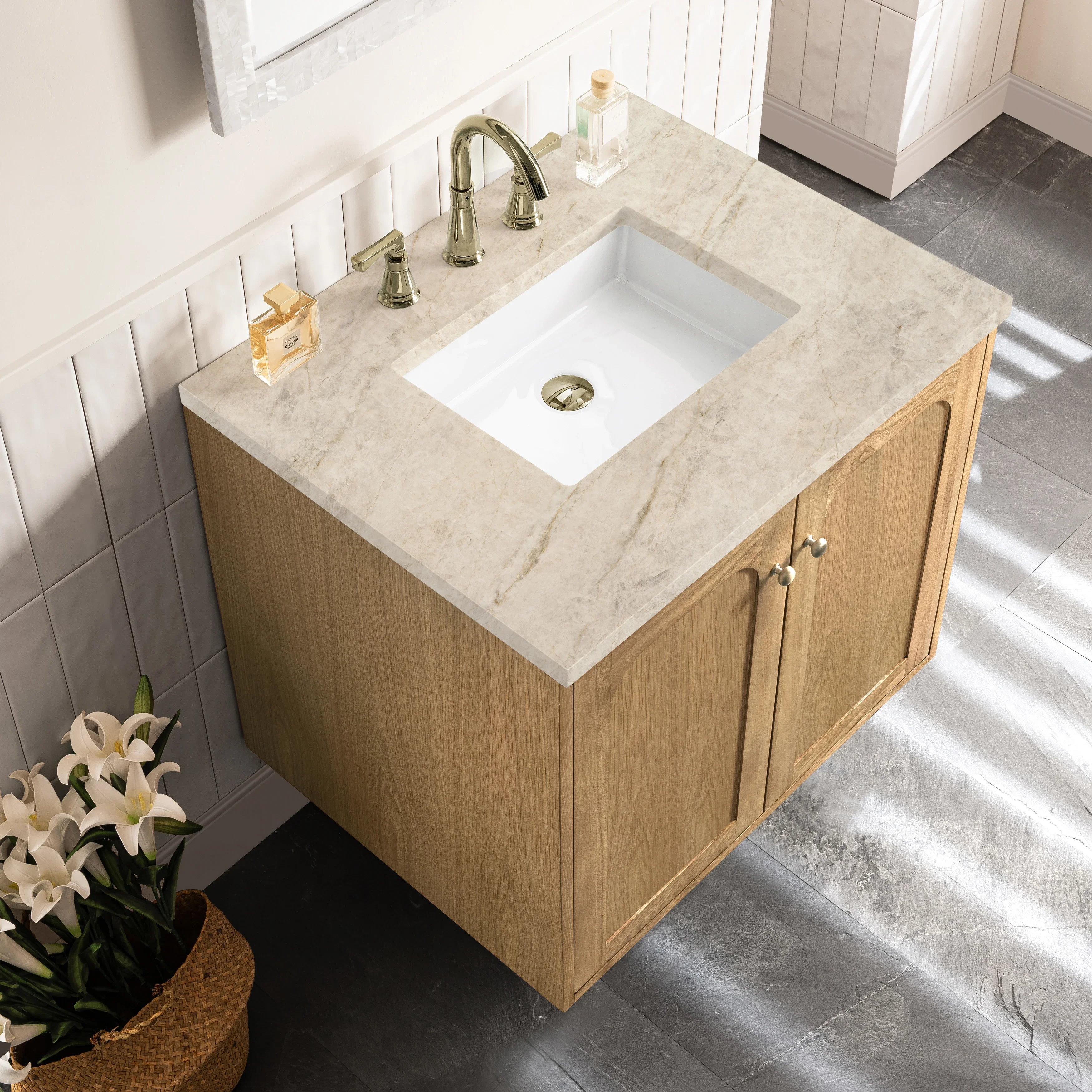 Laurent 30" Single Vanity, Light Natural Oak, w/ 3 CM Tajnar Eclos Top