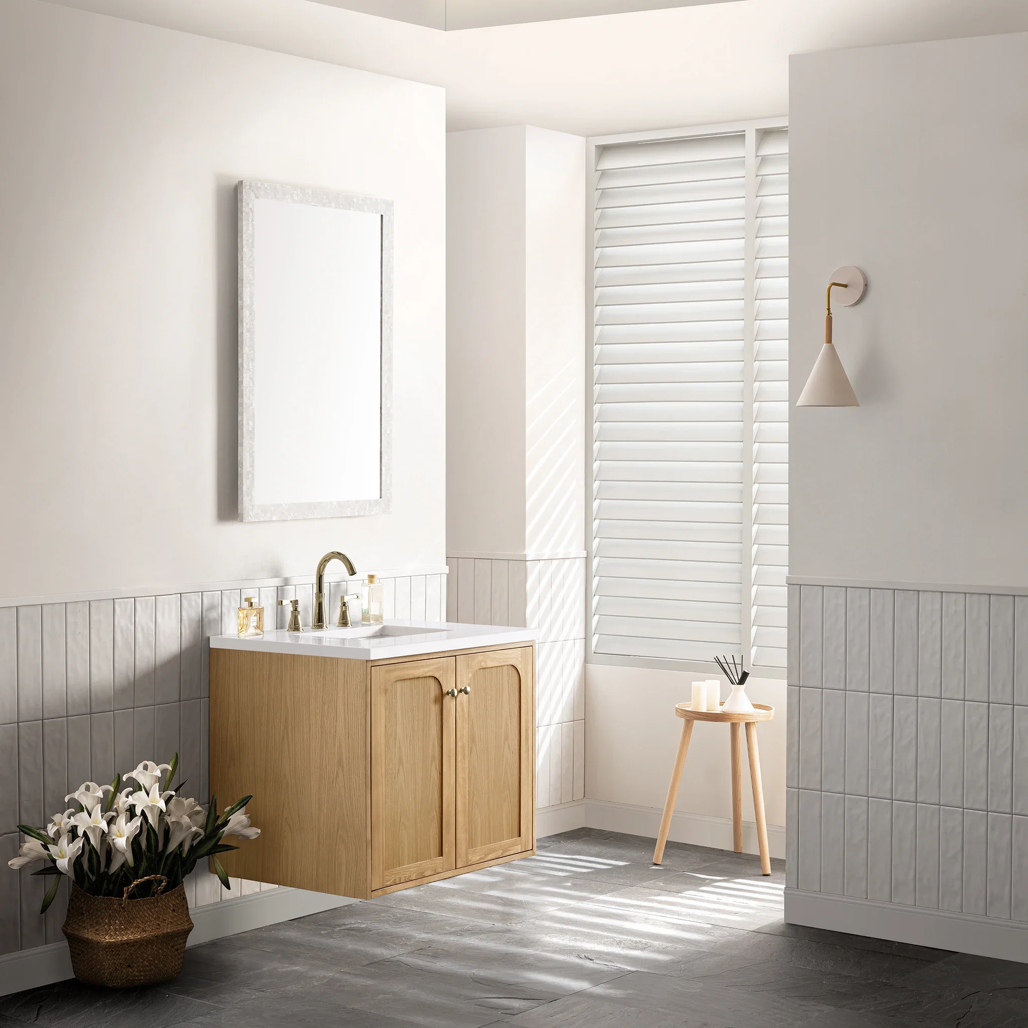 Laurent 30" Single Vanity, Light Natural Oak w/ 3 CM White Zeus Top