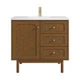 Laurent 36" Single Vanity, Honey Oak w/ Single Hole 3 CM White Zeus Silestone Top and Matching Backsplash
