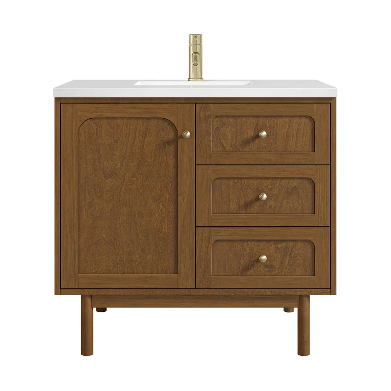Laurent 36" Single Vanity, Honey Oak w/ Single Hole 3 CM White Zeus Silestone Top and Matching Backsplash