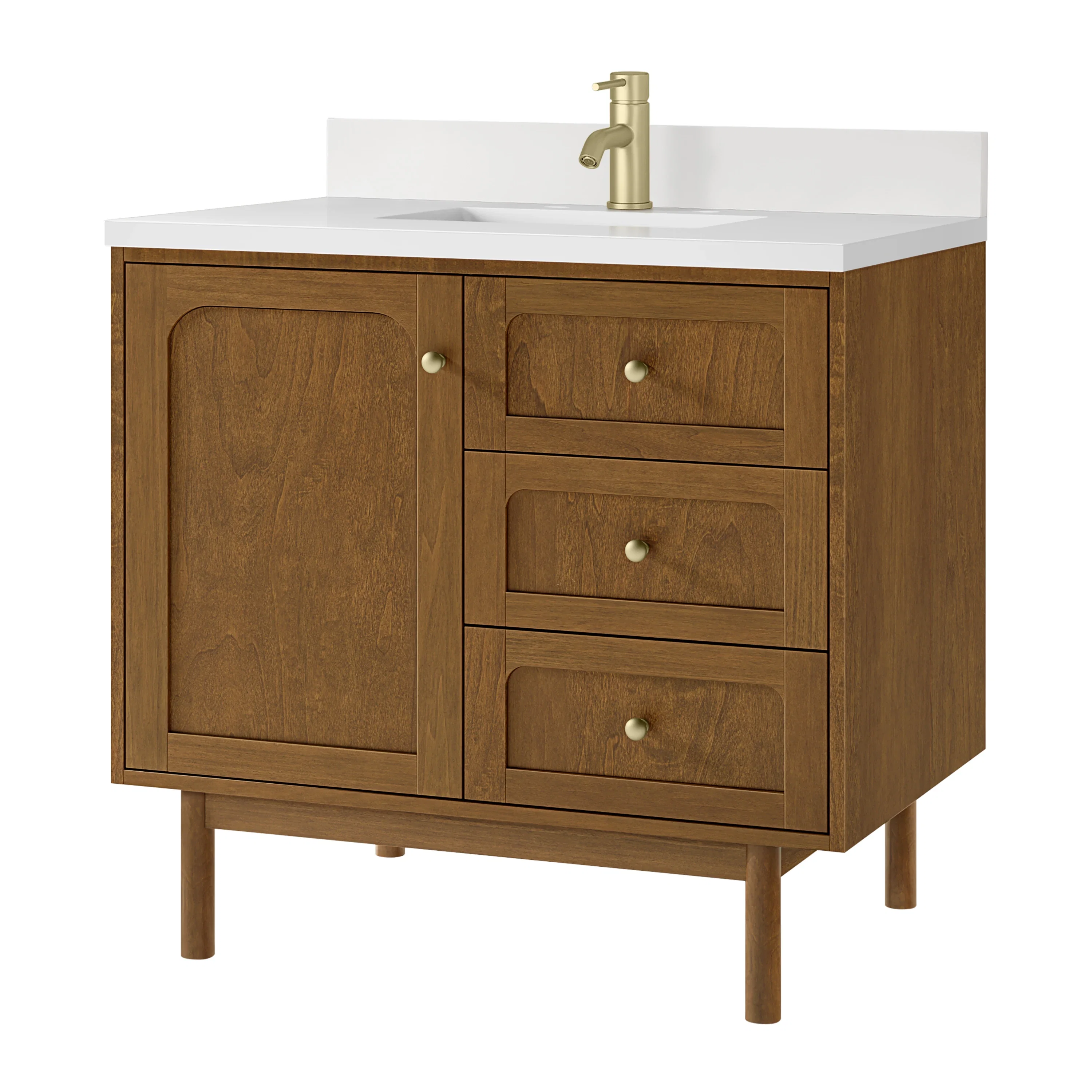 Laurent 36" Single Vanity, Honey Oak w/ Single Hole 3 CM White Zeus Silestone Top and Matching Backsplash