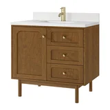 Laurent 36" Single Vanity, Honey Oak w/ Single Hole 3 CM White Zeus Silestone Top and Matching Backsplash