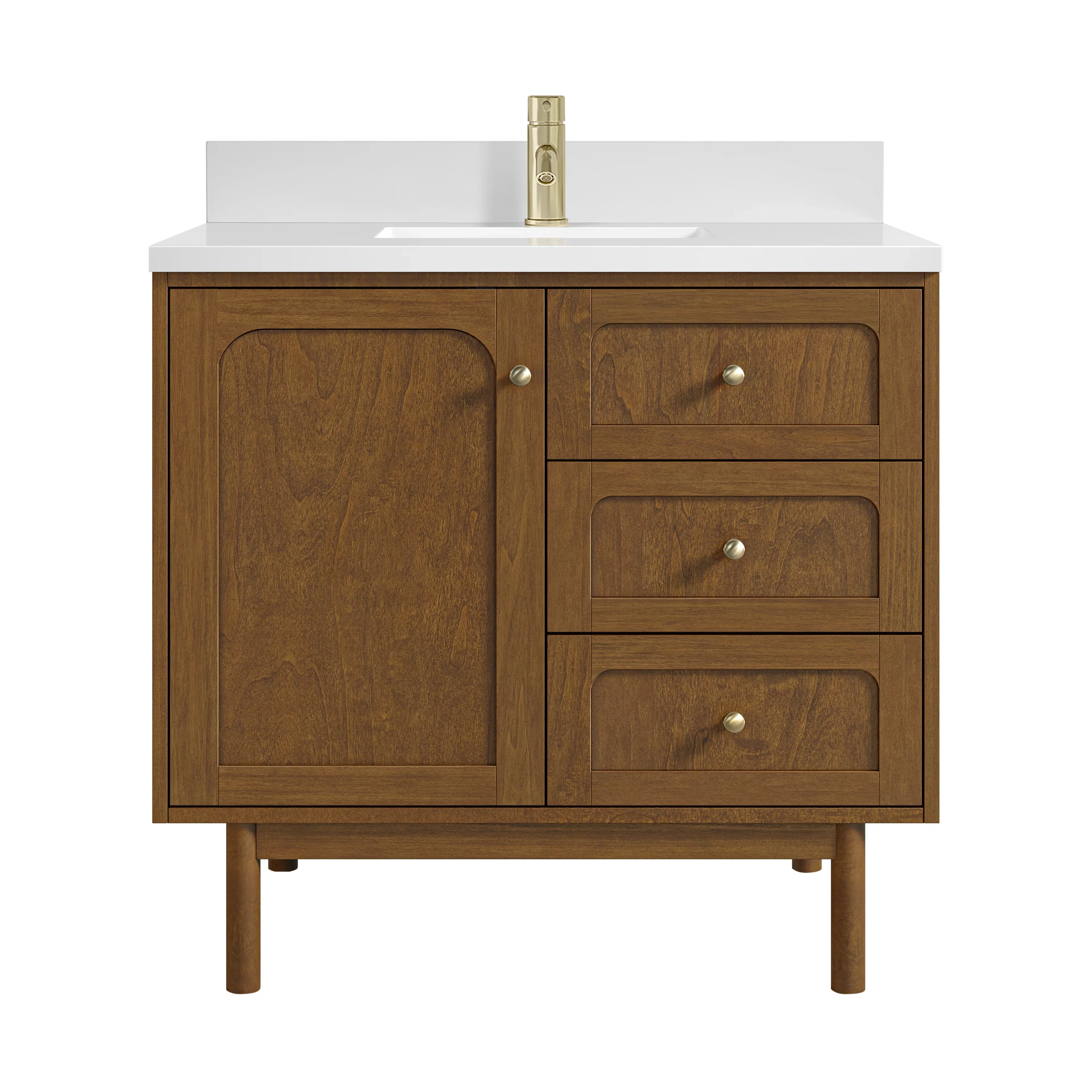 Laurent 36" Single Vanity, Honey Oak w/ Single Hole 3 CM White Zeus Silestone Top and Matching Backsplash