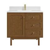 Laurent 36" Single Vanity, Honey Oak w/ Single Hole 3 CM White Zeus Silestone Top and Matching Backsplash