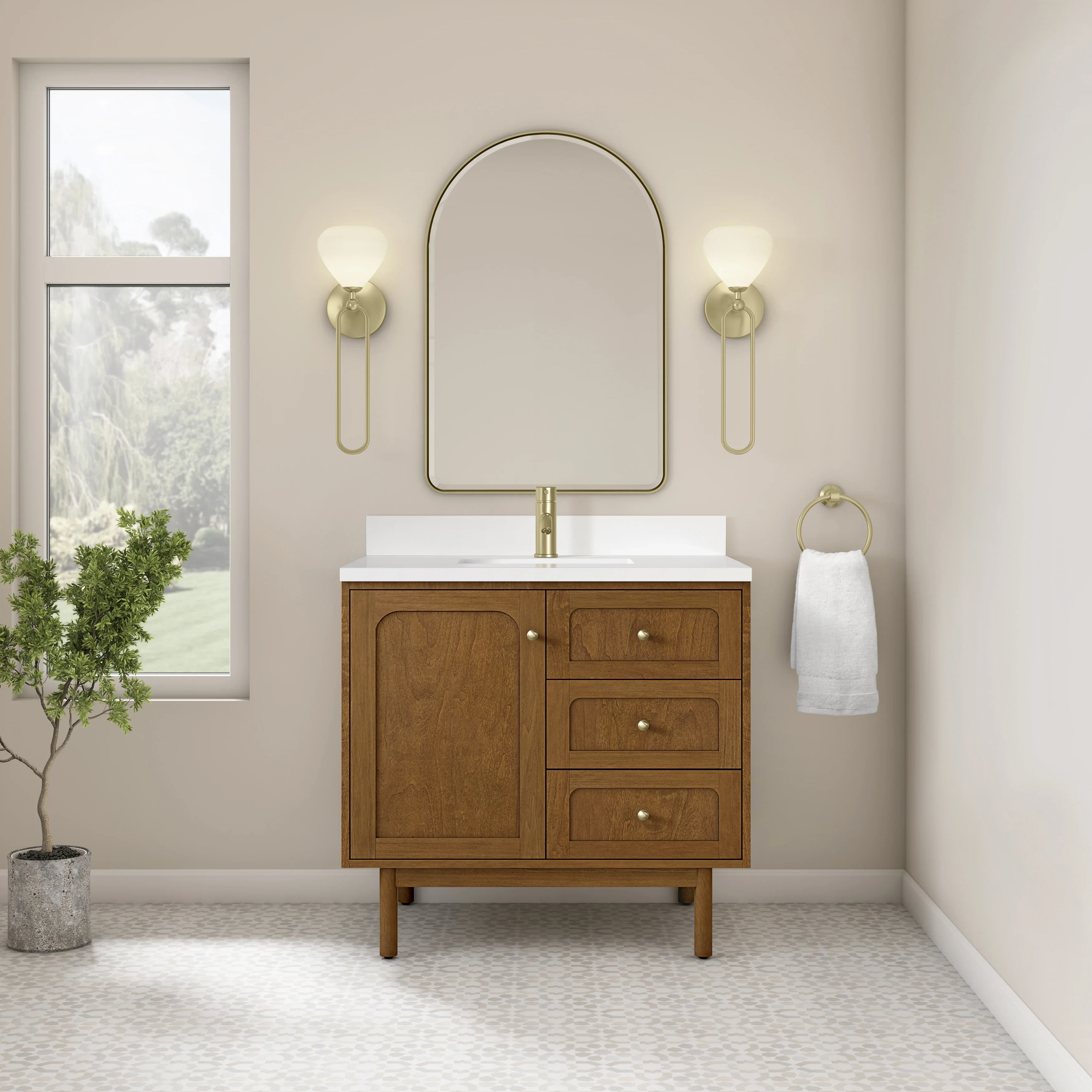 Laurent 36" Single Vanity, Honey Oak w/ Single Hole 3 CM White Zeus Silestone Top and Matching Backsplash