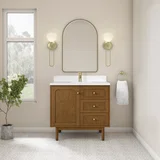 Laurent 36" Single Vanity, Honey Oak w/ Single Hole 3 CM White Zeus Silestone Top and Matching Backsplash