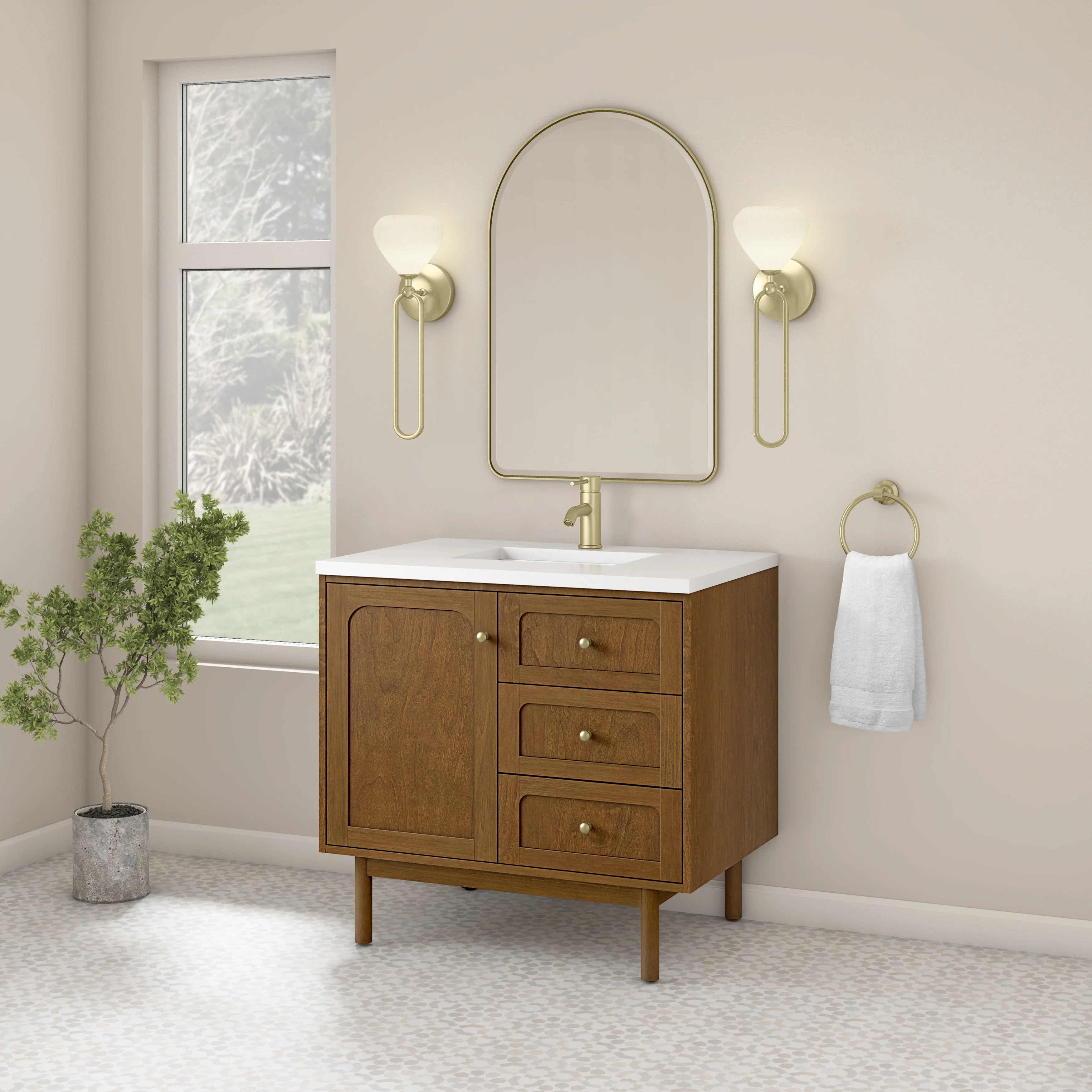Laurent 36" Single Vanity, Honey Oak w/ Single Hole 3 CM White Zeus Silestone Top and Matching Backsplash