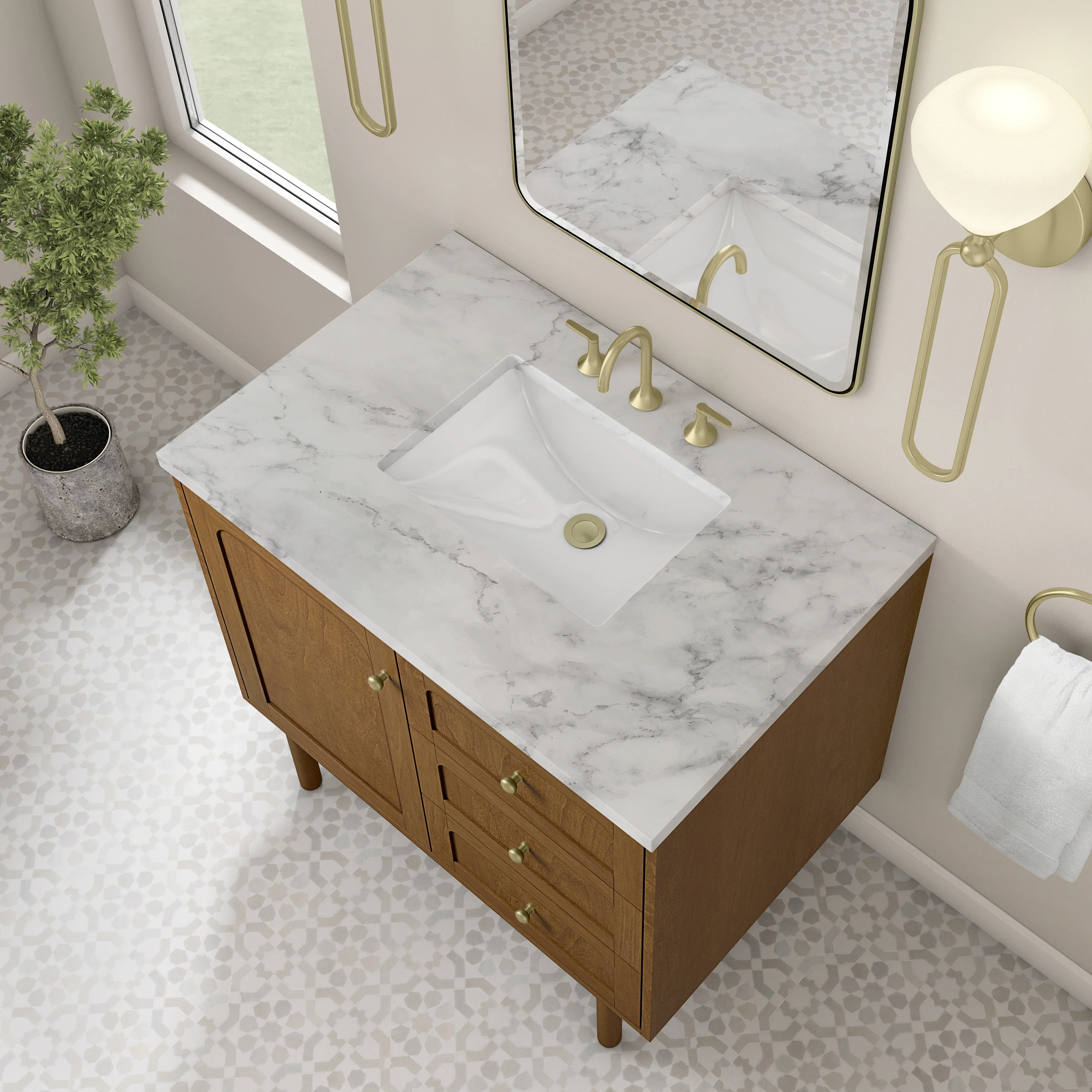 Laurent 36" Single Vanity, Honey Oak w/ 3 CM Carrara Marble Top