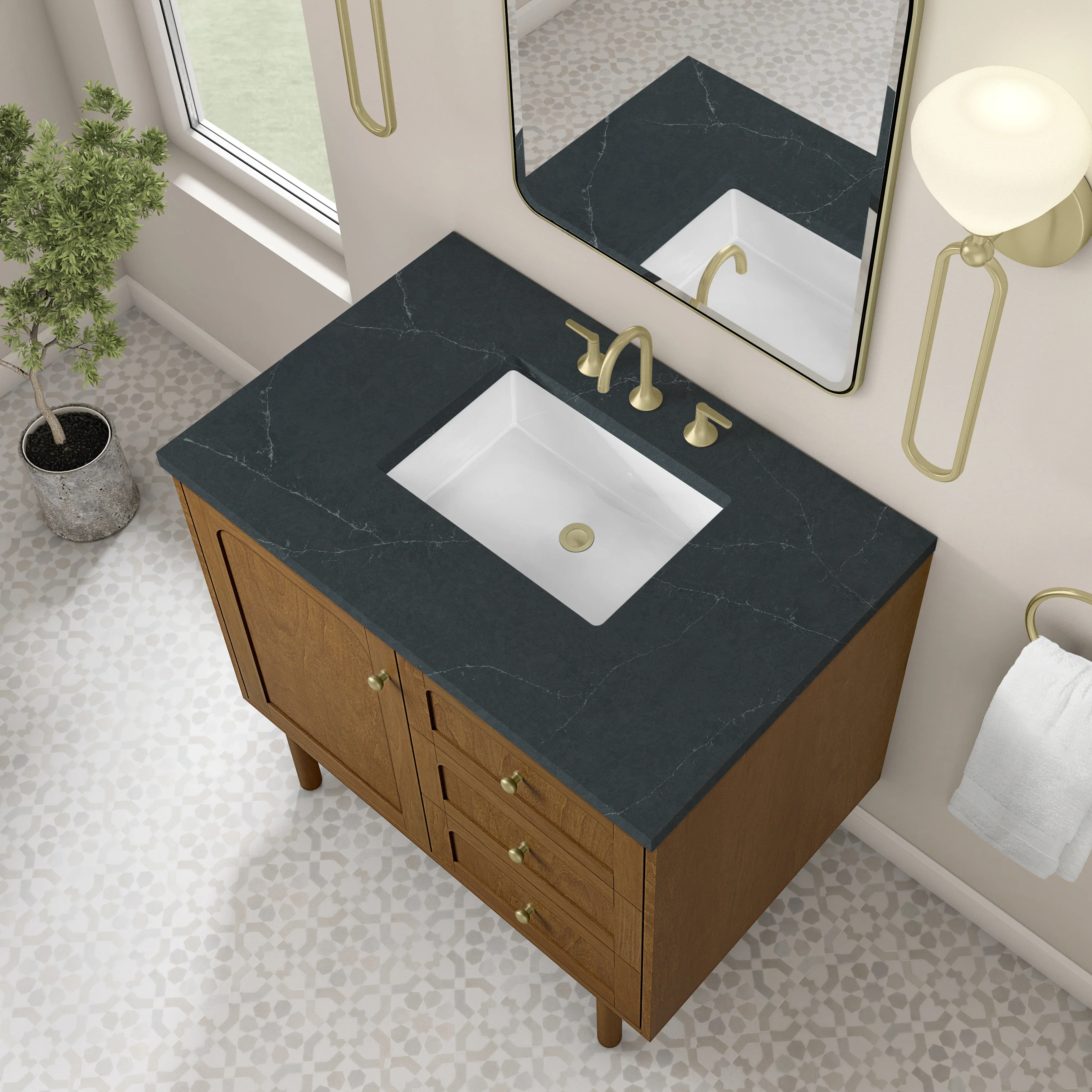 Laurent 36" Single Vanity, Honey Oak w/ 3 CM Charcoal Soapstone Silestone Top
