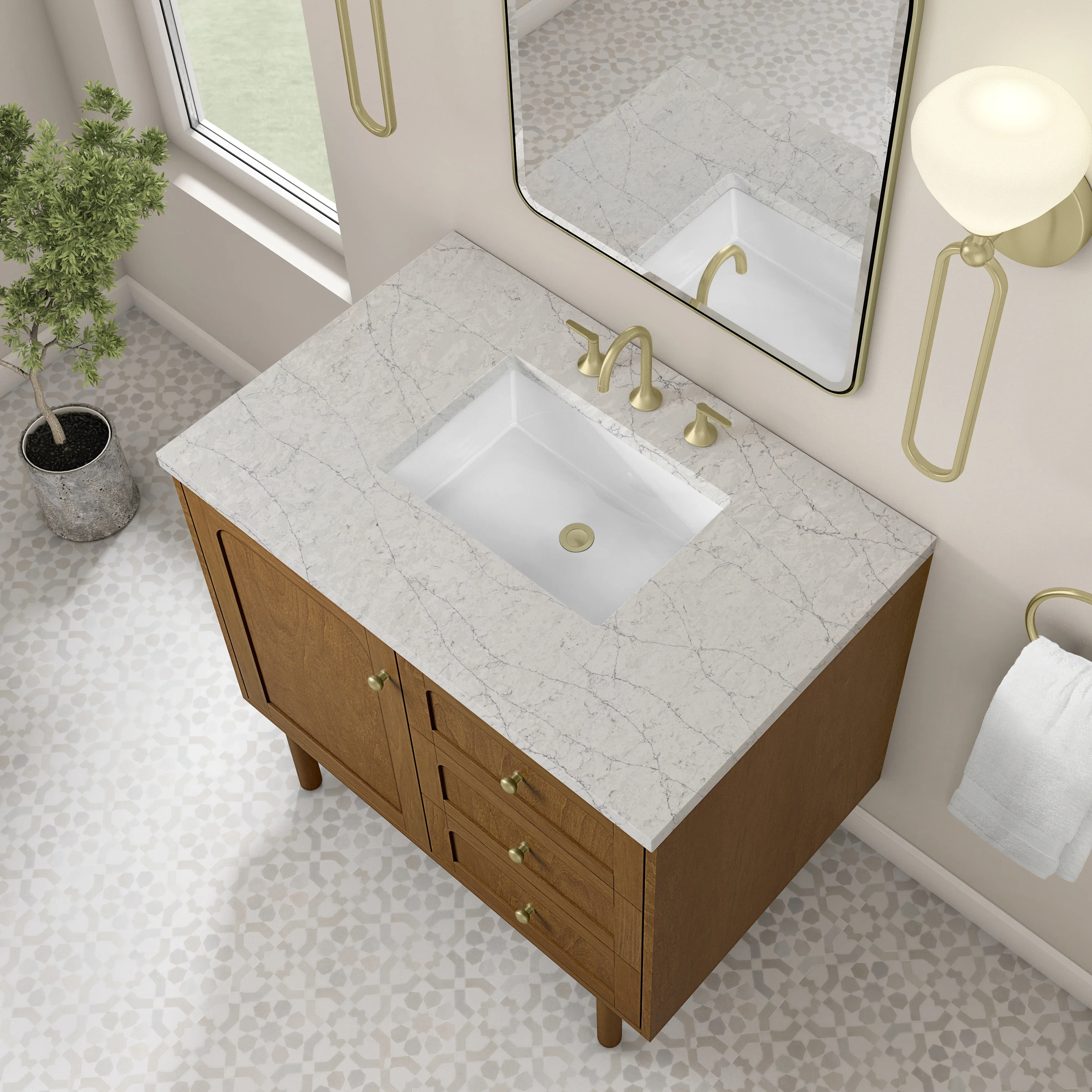 Laurent 36" Single Vanity, Honey Oak w/ 3 CM Eternal Jasmine Pearl Silestone Top