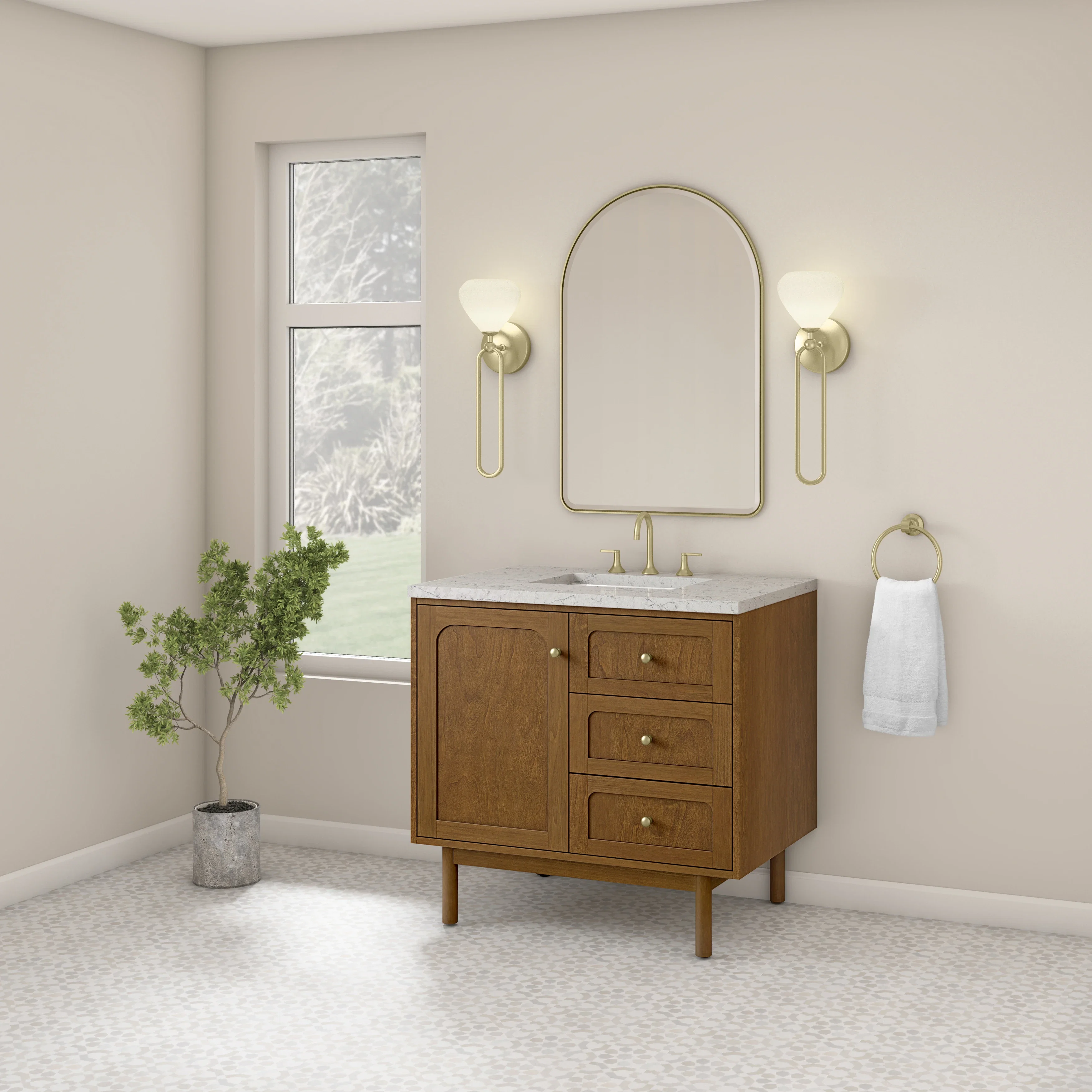 Laurent 36" Single Vanity, Honey Oak w/ 3 CM Eternal Jasmine Pearl Silestone Top
