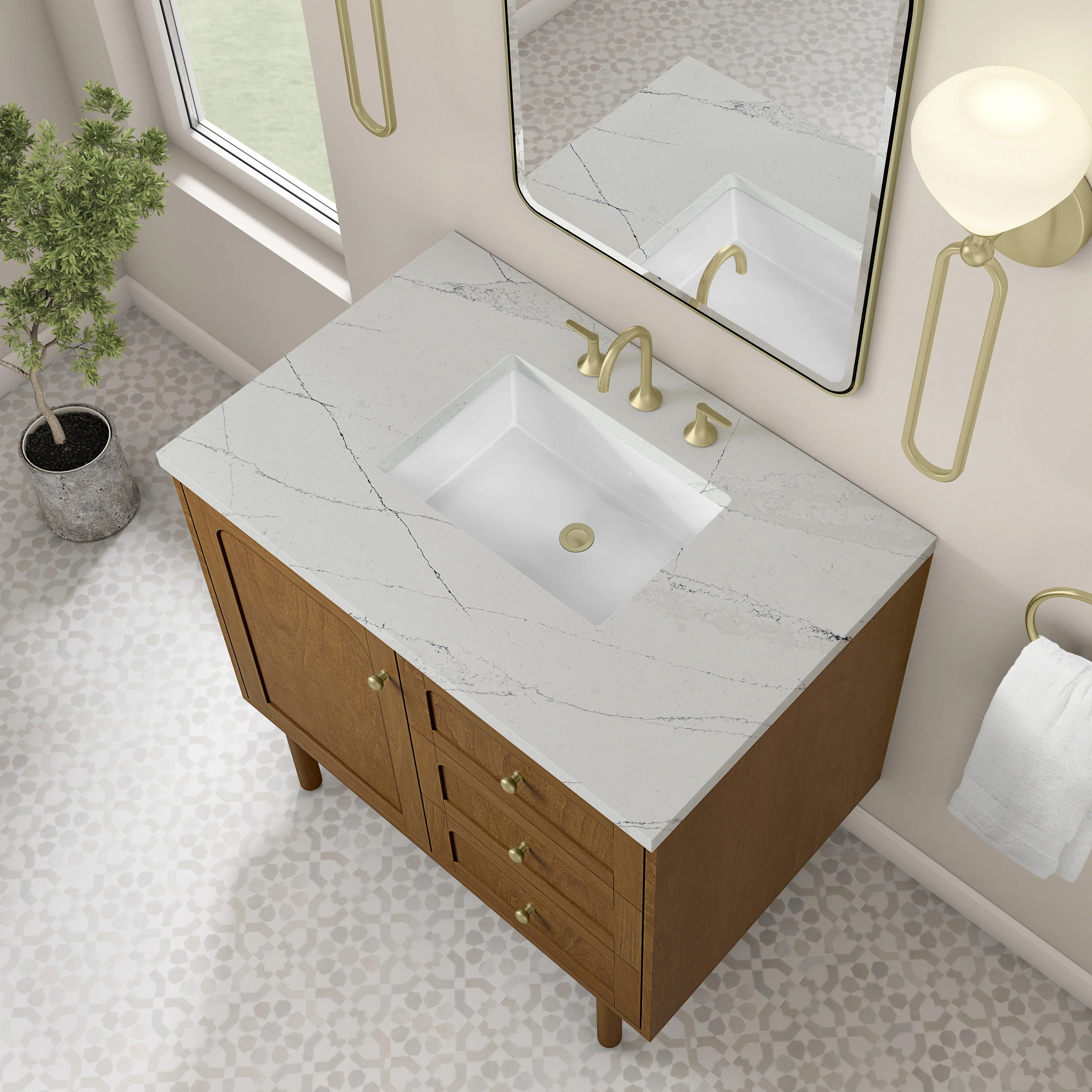 Laurent 36" Single Vanity, Honey Oak w/ 3 CM Ethereal Noctis Silestone Top