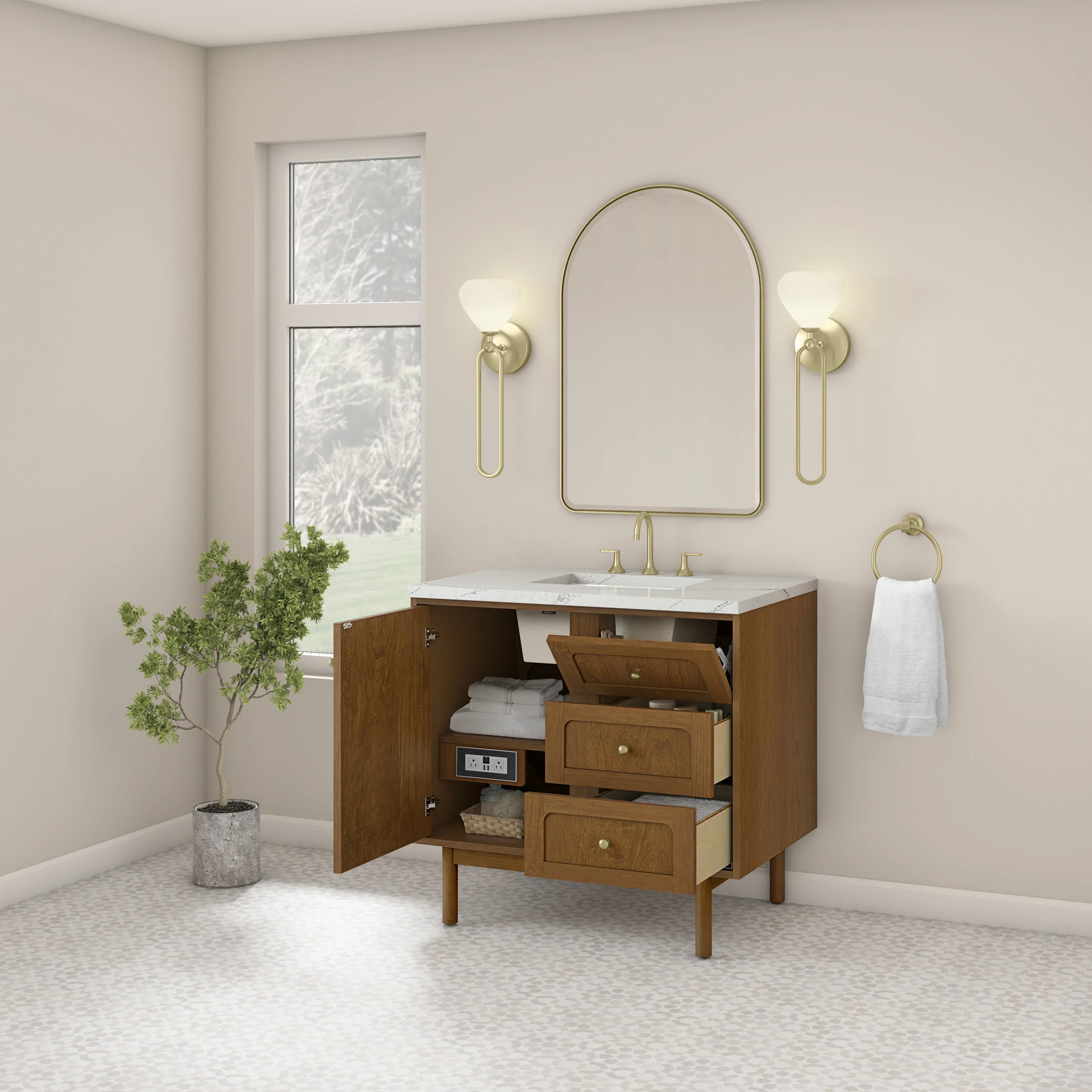 Laurent 36" Single Vanity, Honey Oak w/ 3 CM Ethereal Noctis Silestone Top