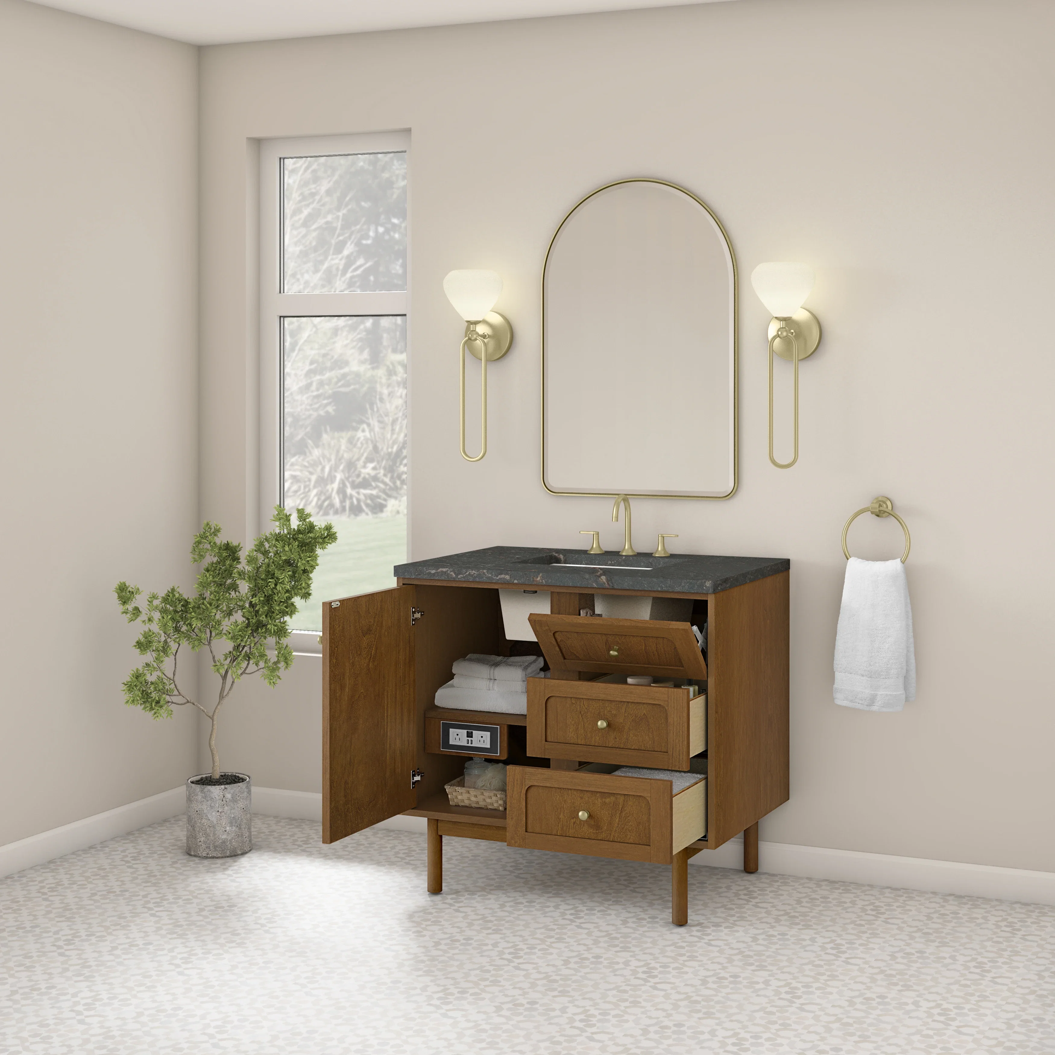 Laurent 36" Single Vanity, Honey Oak w/ 3 CM Parisien Bleu Silestone Top