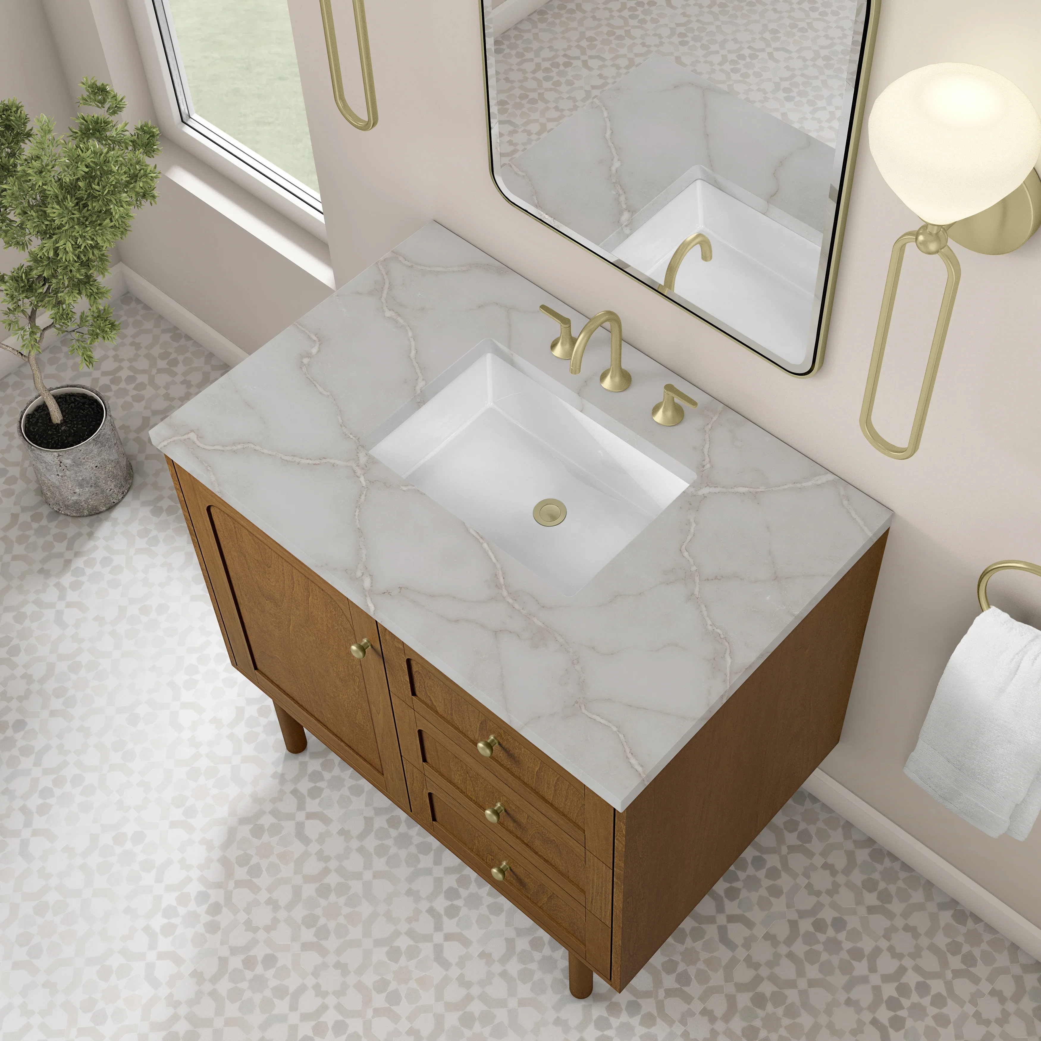 Laurent 36" Single Vanity, Honey Oak w/ 3 CM Victorian Silver Silestone Top
