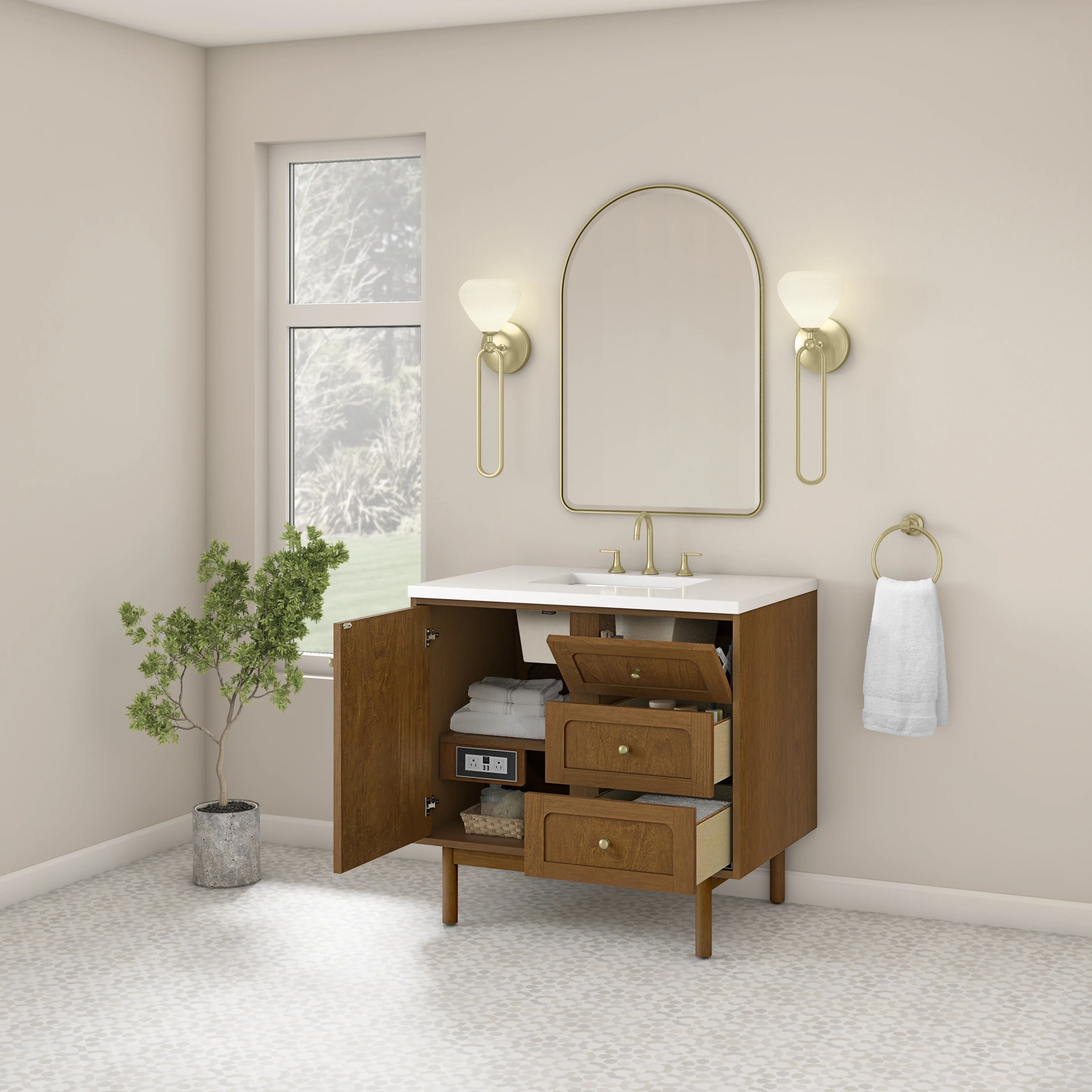 Laurent 36" Single Vanity, Honey Oak w/ 3 CM White Zeus Silestone Top