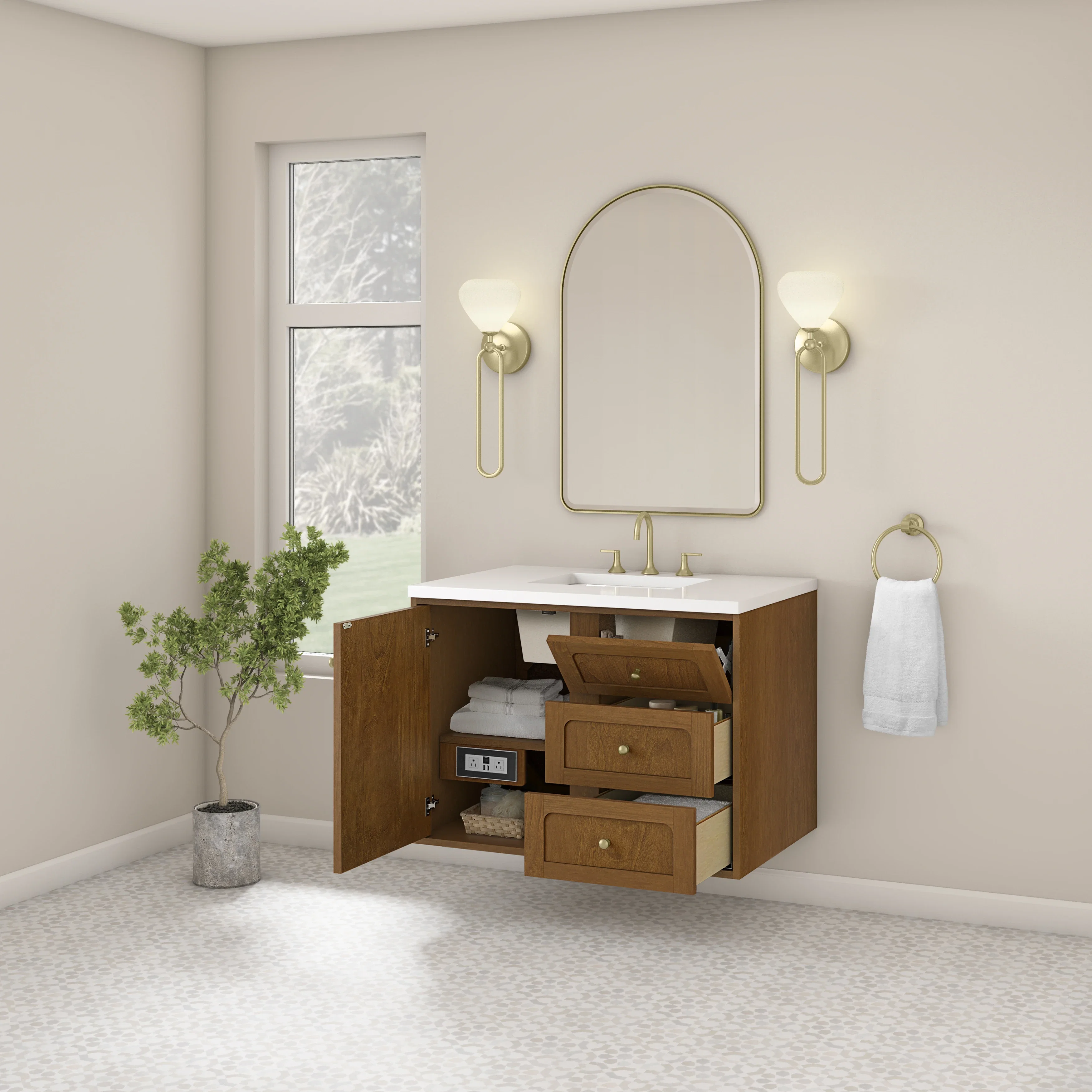 Laurent 36" Single Vanity, Honey Oak w/ 3 CM White Zeus Silestone Top