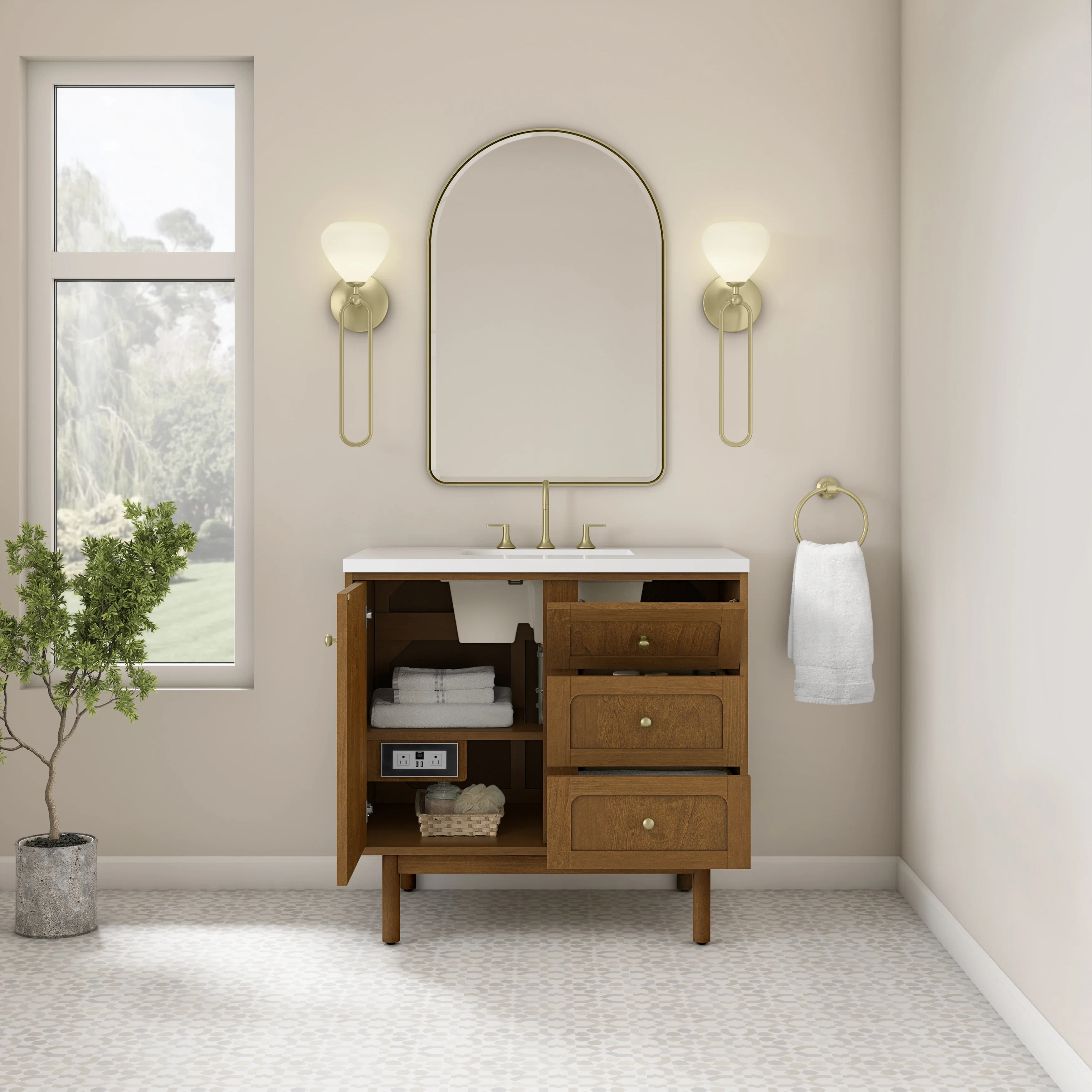 Laurent 36" Single Vanity, Honey Oak w/ 3 CM White Zeus Silestone Top