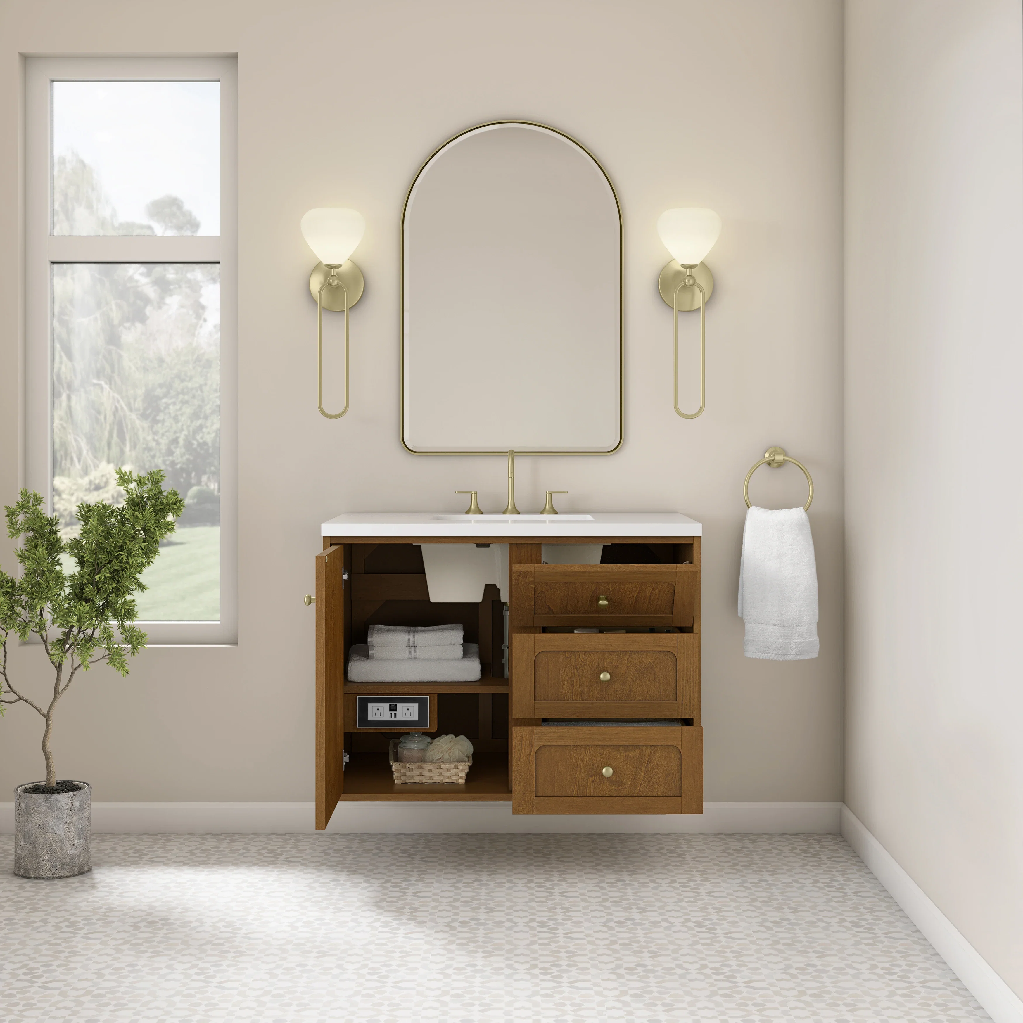 Laurent 36" Single Vanity, Honey Oak w/ 3 CM White Zeus Silestone Top