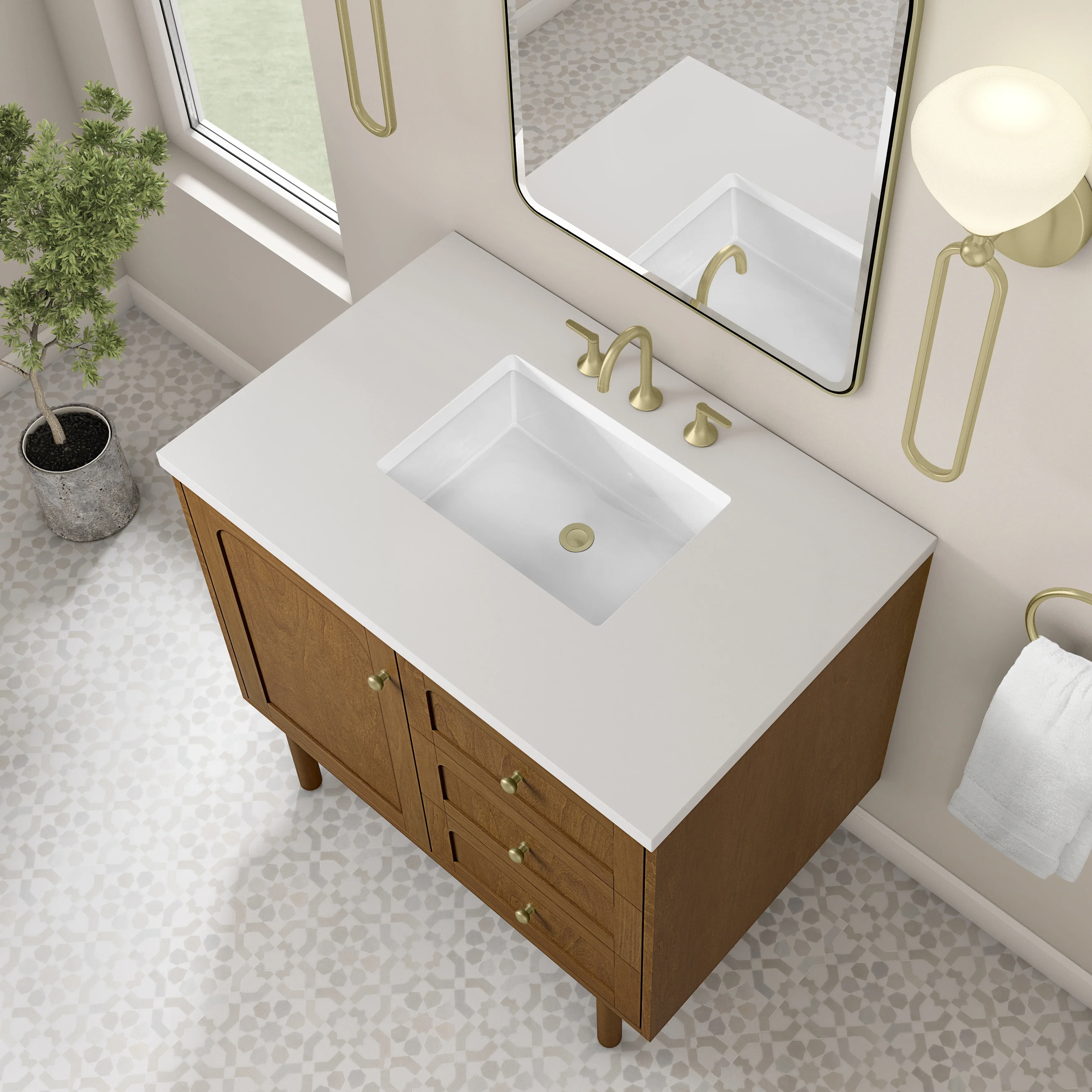 Laurent 36" Single Vanity, Honey Oak w/ 3 CM White Zeus Silestone Top