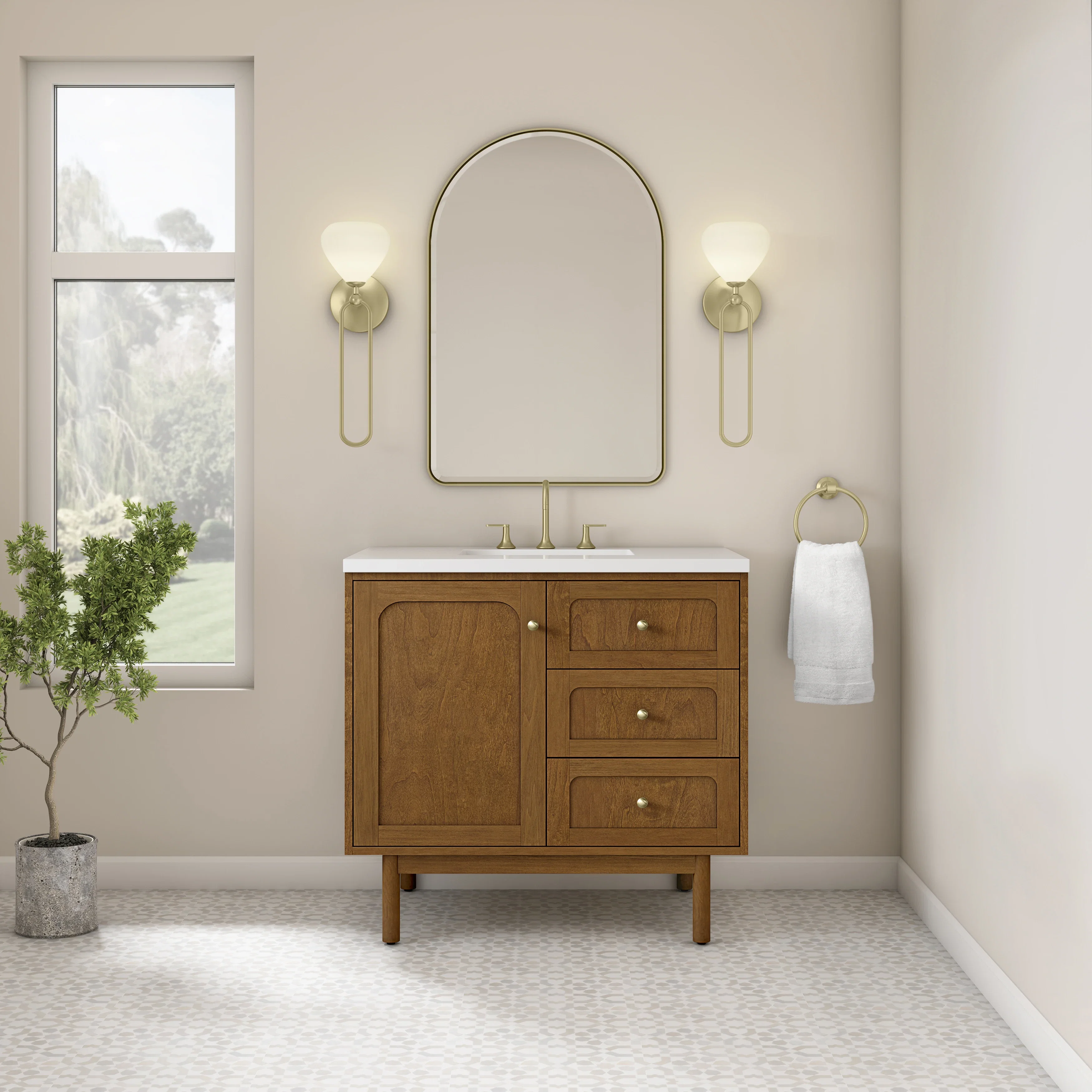 Laurent 36" Single Vanity, Honey Oak w/ 3 CM White Zeus Silestone Top