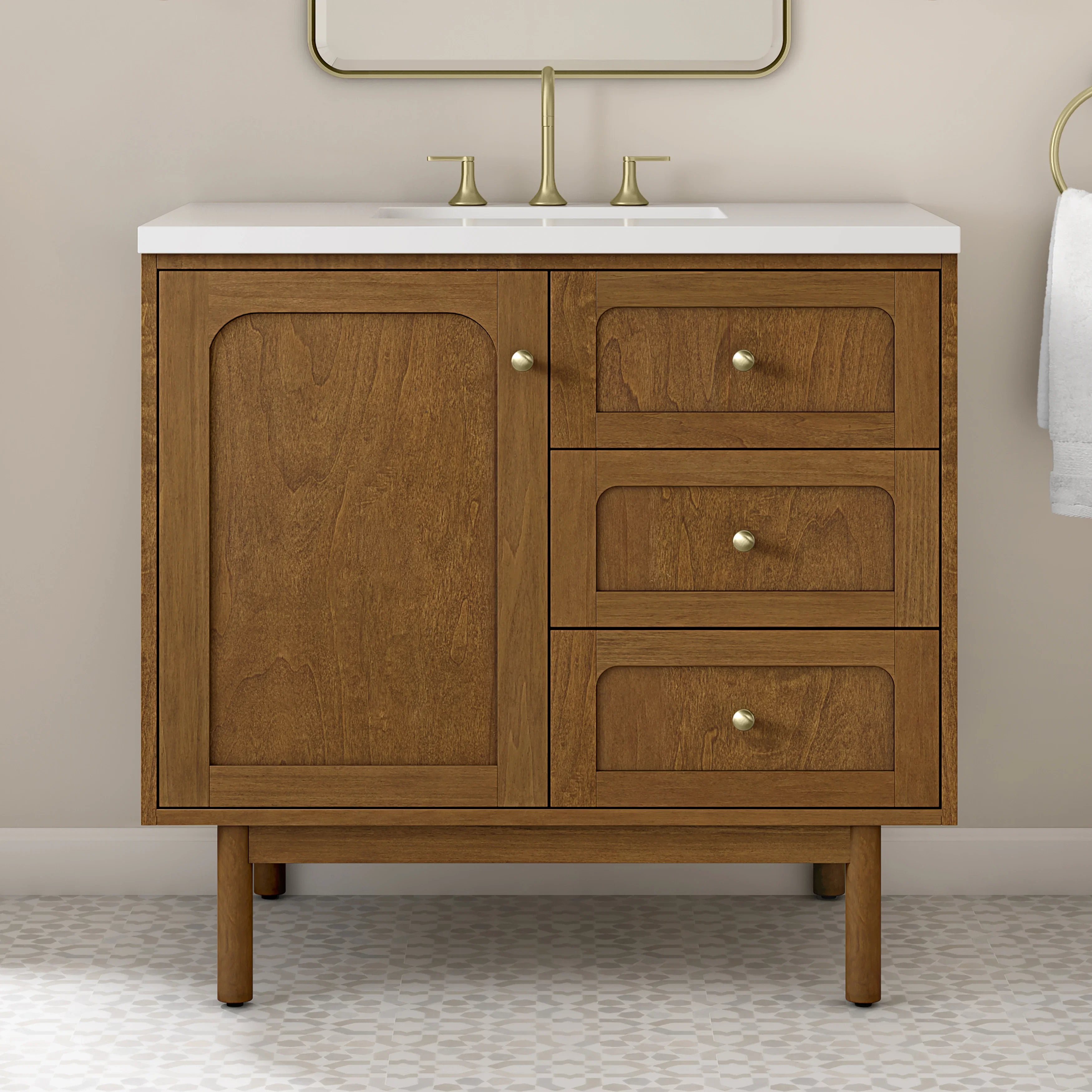 Laurent 36" Single Vanity, Honey Oak w/ 3 CM White Zeus Silestone Top