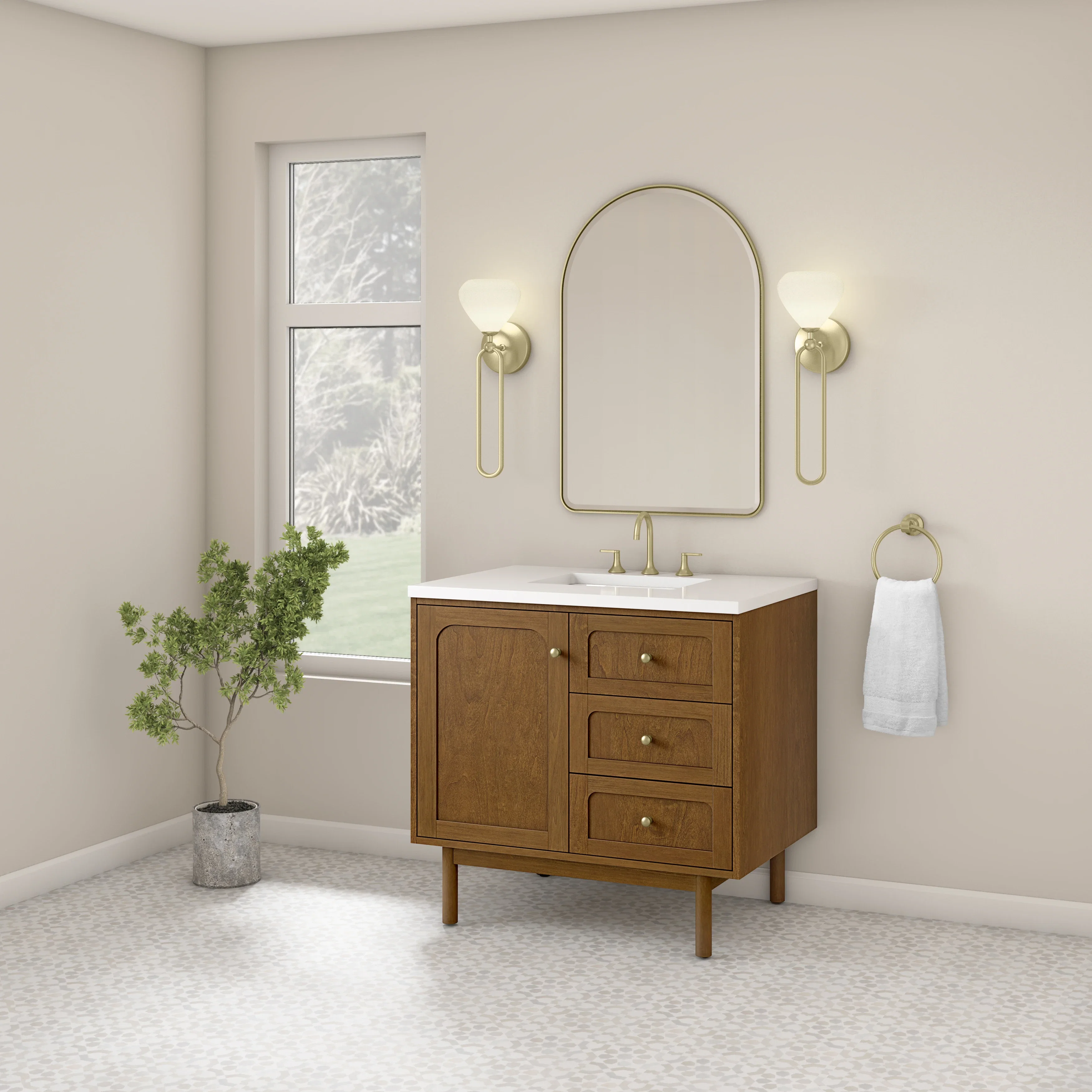 Laurent 36" Single Vanity, Honey Oak w/ 3 CM White Zeus Silestone Top