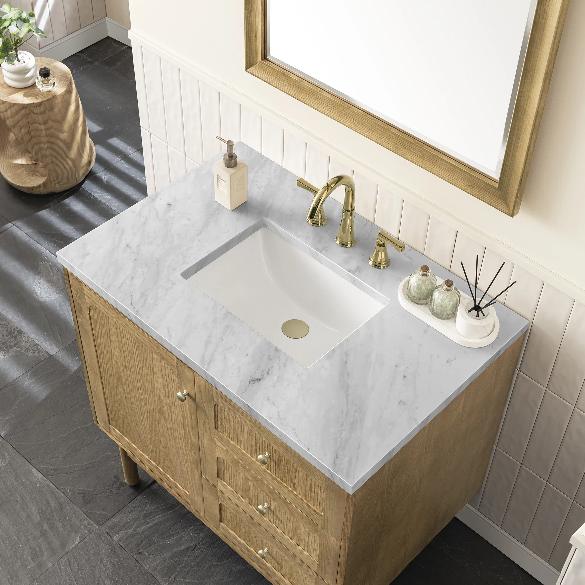 Laurent 36" Single Vanity, Light Natural Oak w/ 3 CM Carrara Marble Top