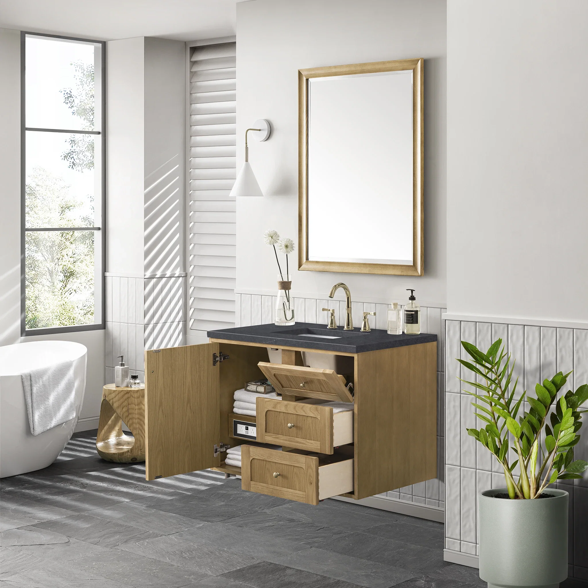Laurent 36" Single Vanity, Light Natural Oak w/ 3 CM Charcoal Soapstone Top