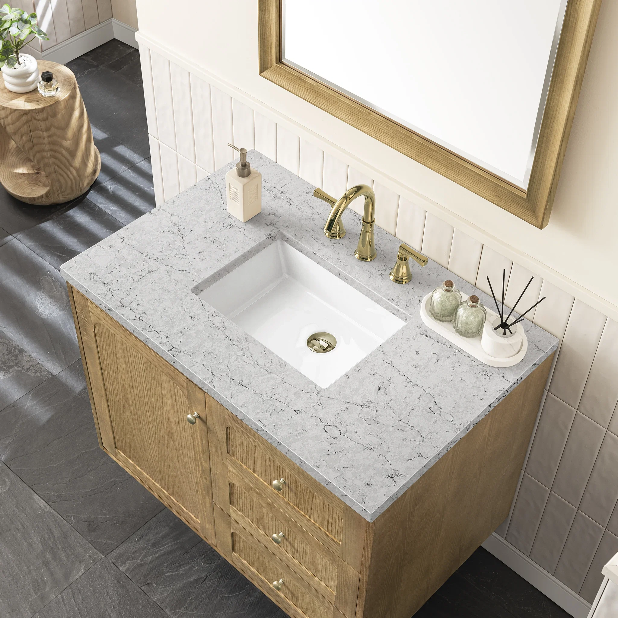 Laurent 36" Single Vanity, Light Natural Oak w/ 3 CM Eternal Jasmine Pearl Top