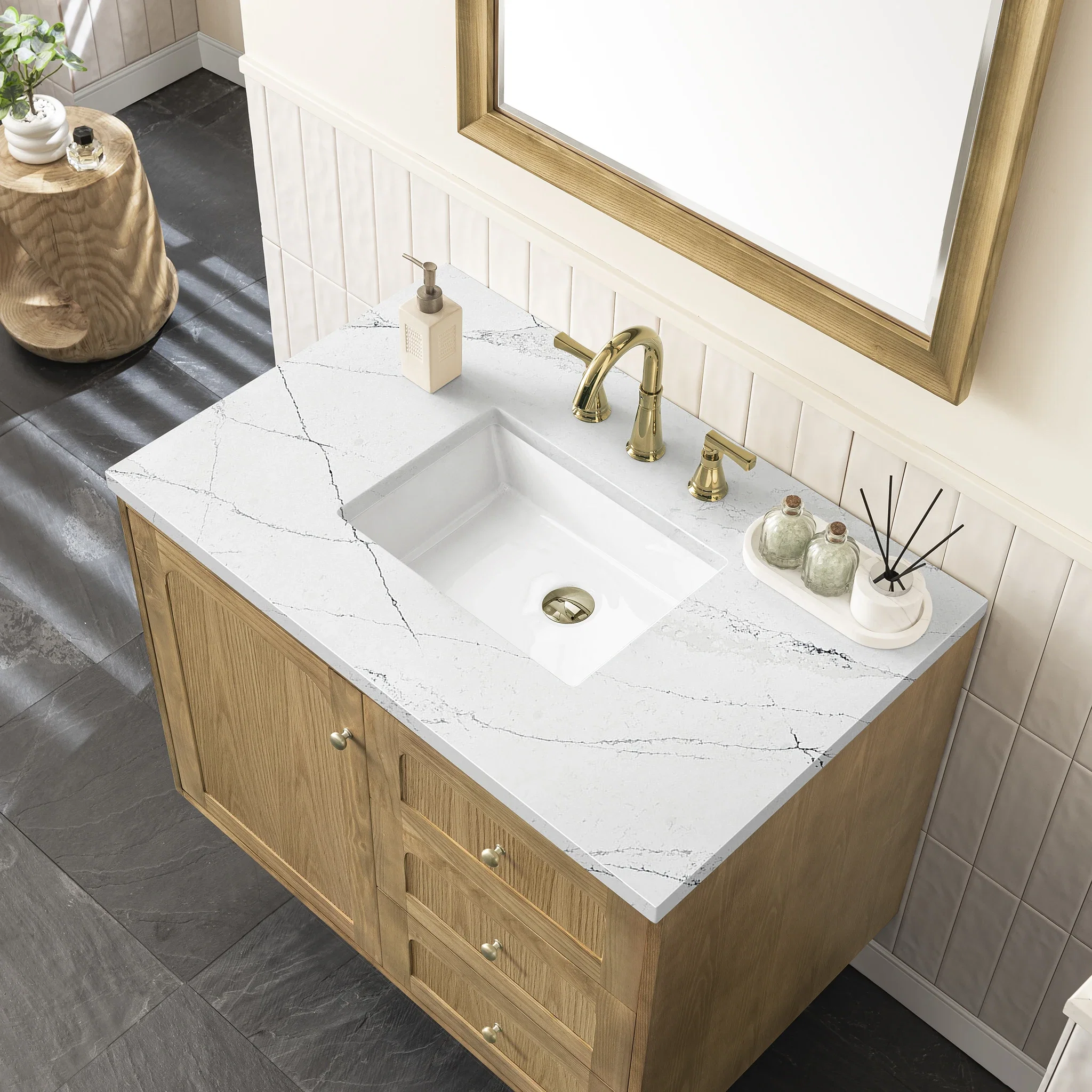 Laurent 36" Single Vanity, Light Natural Oak w/ 3 CM Ethereal Noctis Top