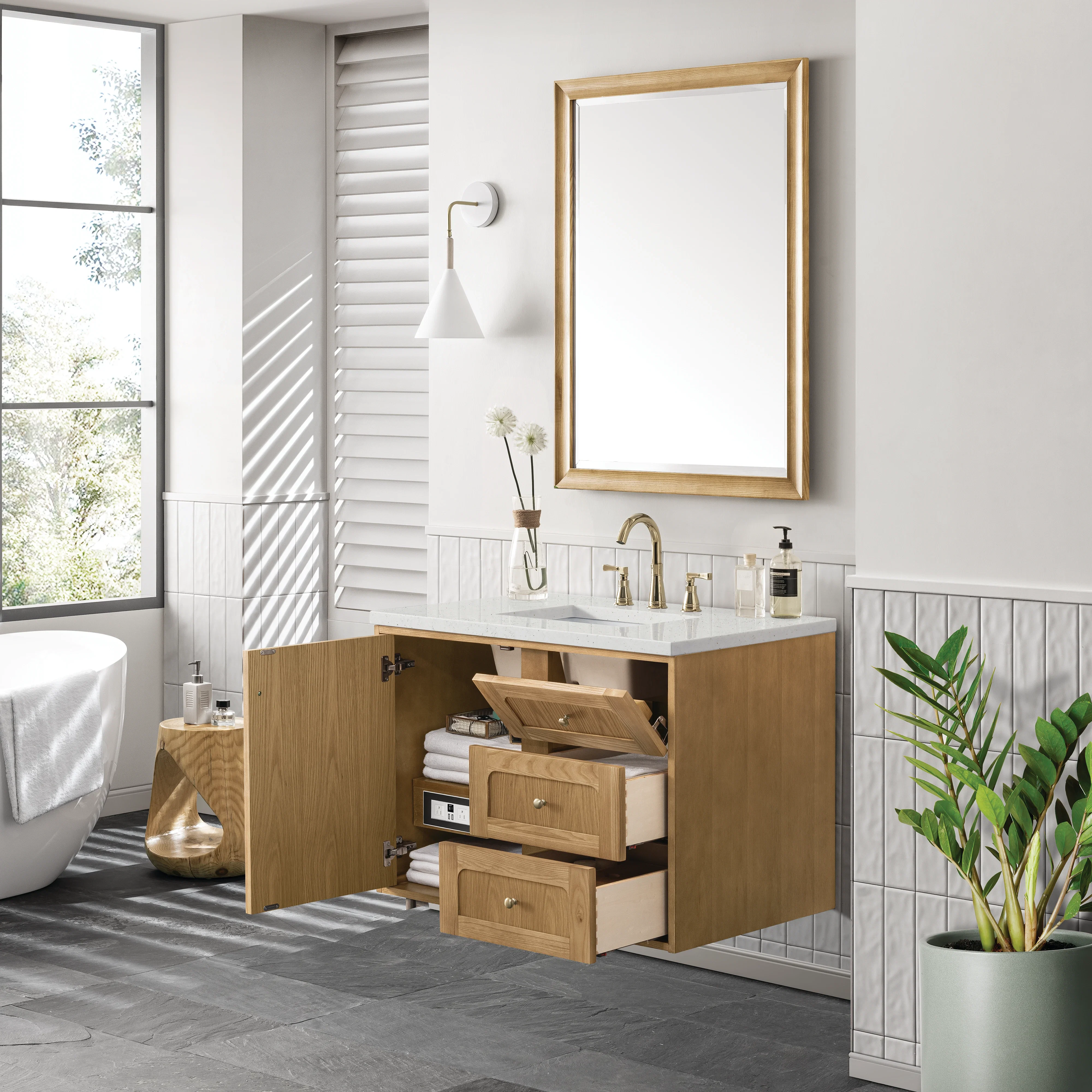 Laurent 36" Single Vanity, Light Natural Oak w/ 3 CM Lime Delight Top