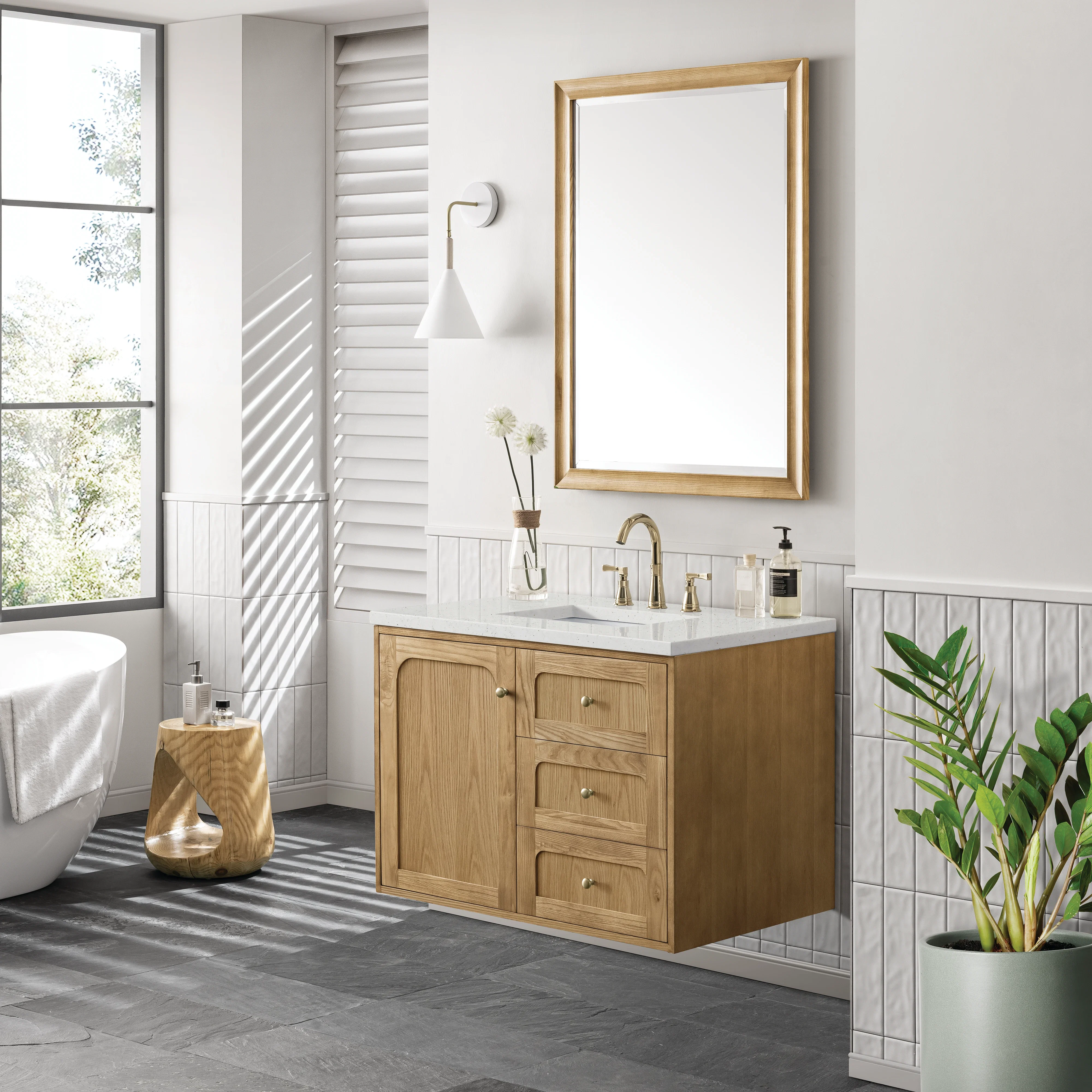Laurent 36" Single Vanity, Light Natural Oak w/ 3 CM Lime Delight Top