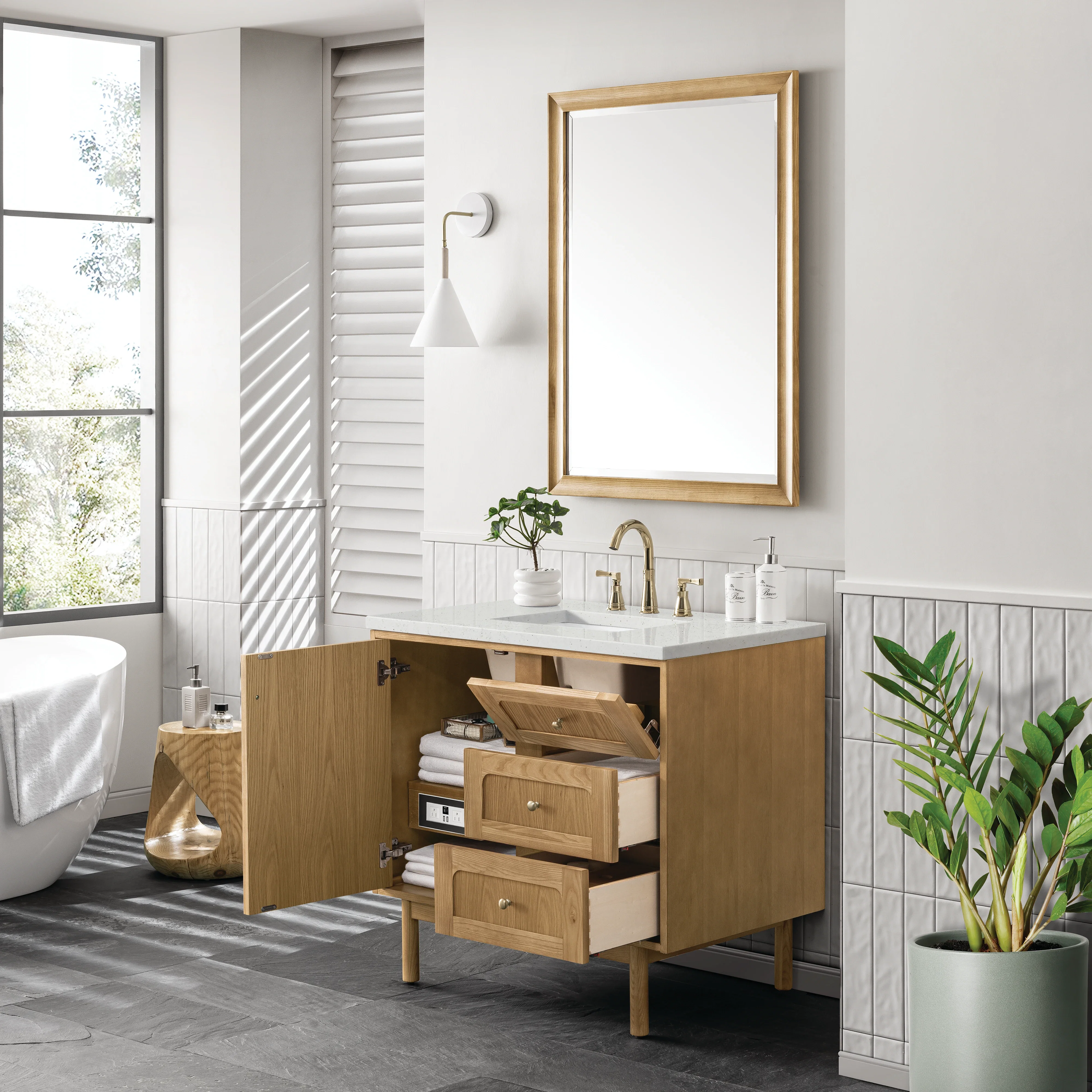 Laurent 36" Single Vanity, Light Natural Oak w/ 3 CM Lime Delight Top