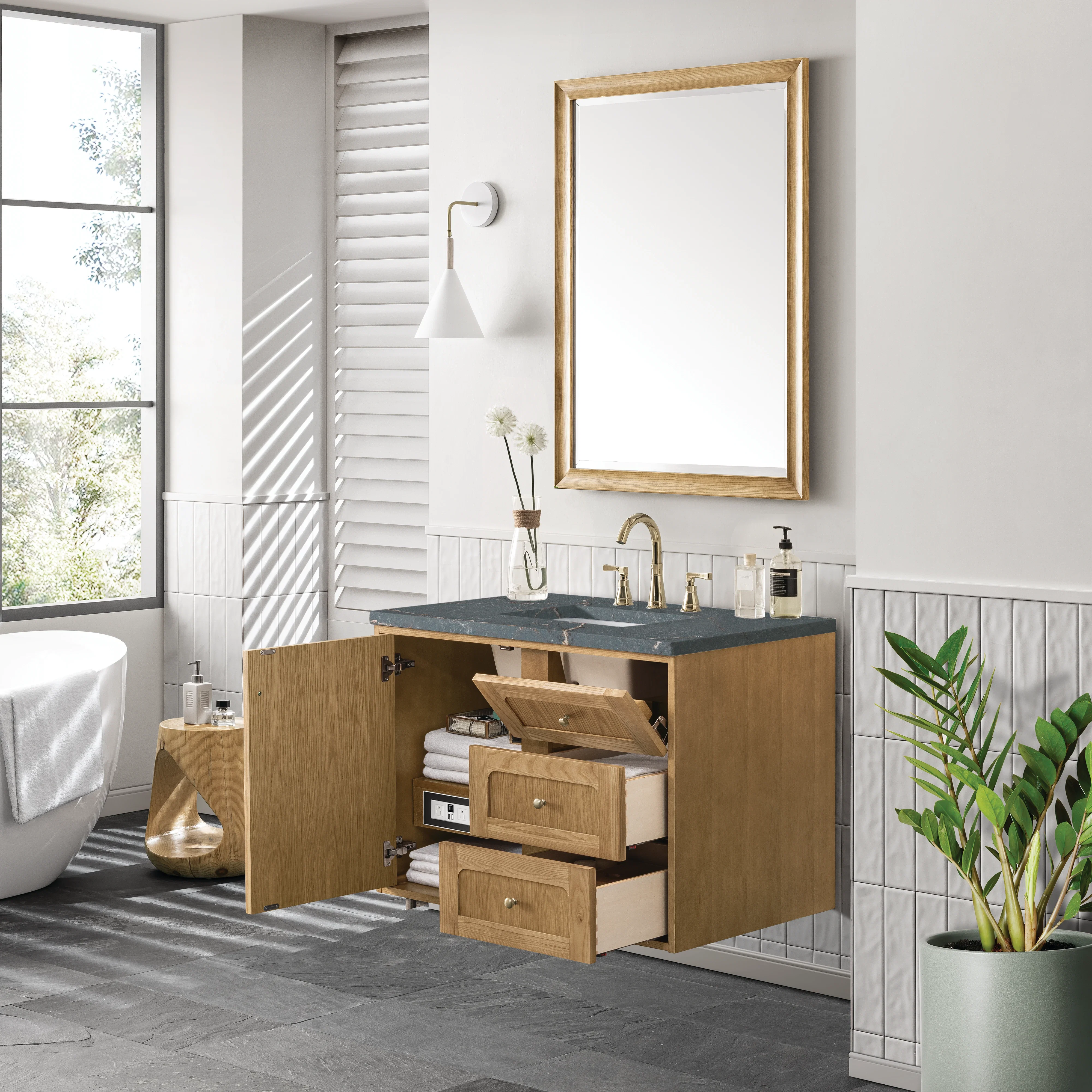 Laurent 36" Single Vanity, Light Natural Oak w/ 3 CM Parisien Bleu Top