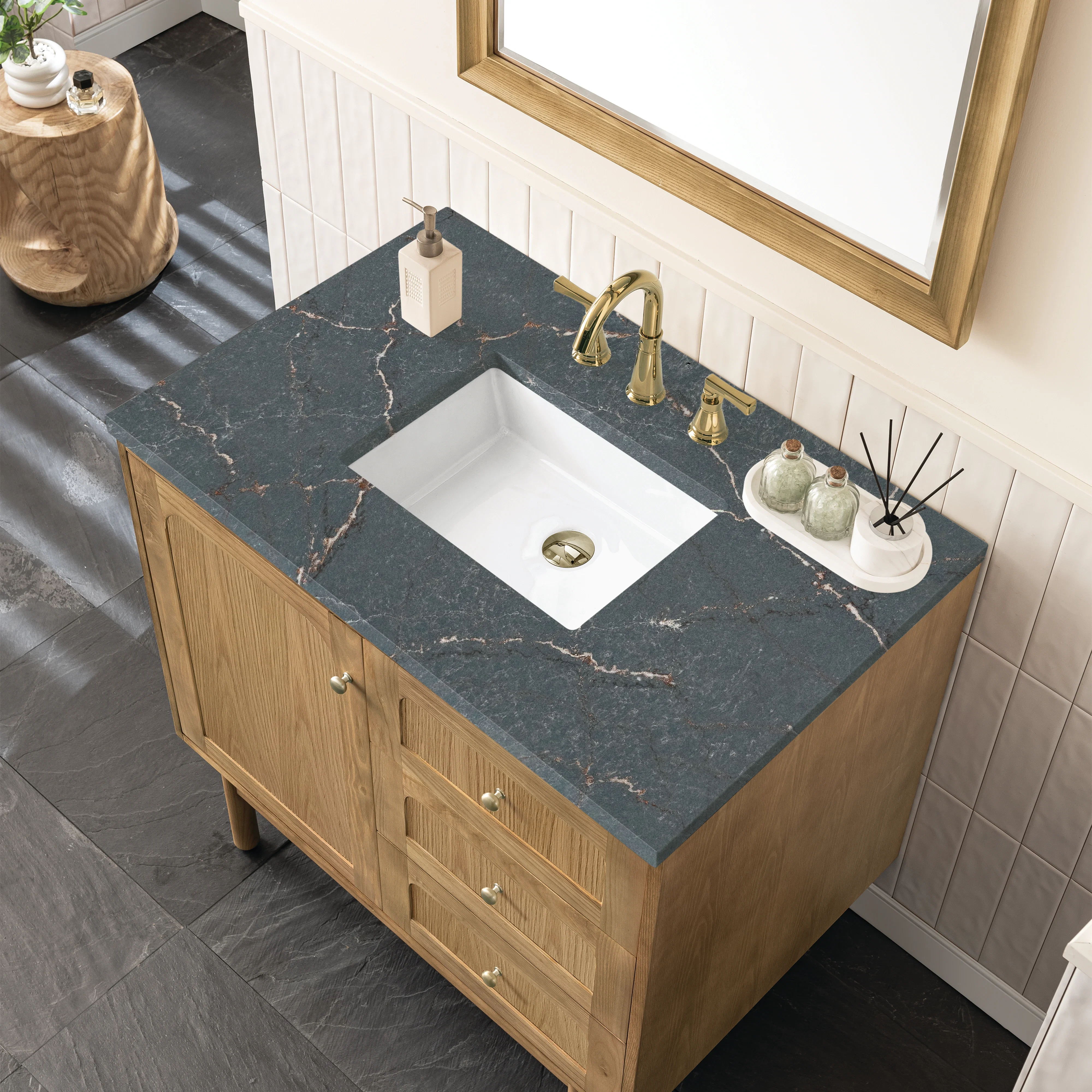 Laurent 36" Single Vanity, Light Natural Oak w/ 3 CM Parisien Bleu Top