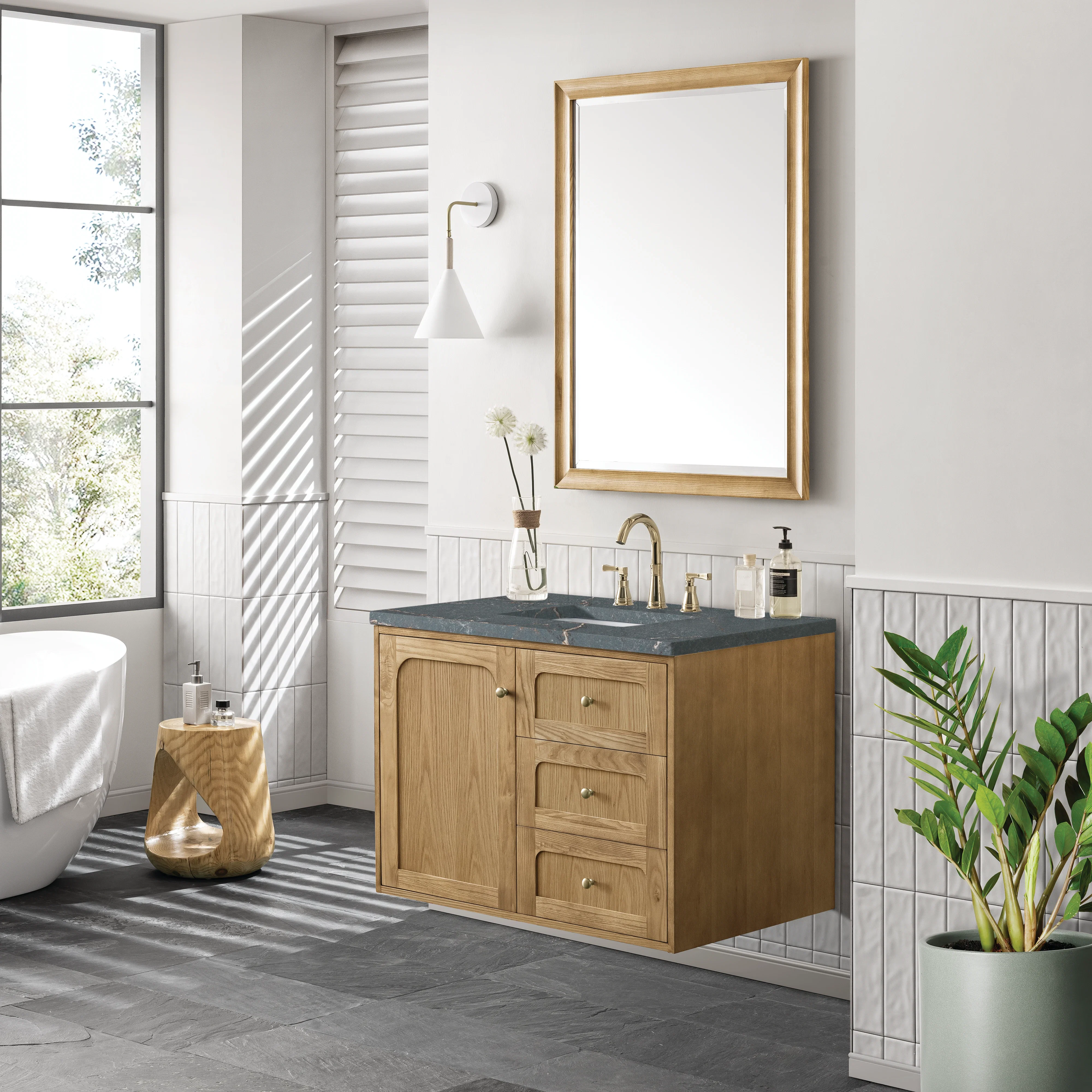 Laurent 36" Single Vanity, Light Natural Oak w/ 3 CM Parisien Bleu Top