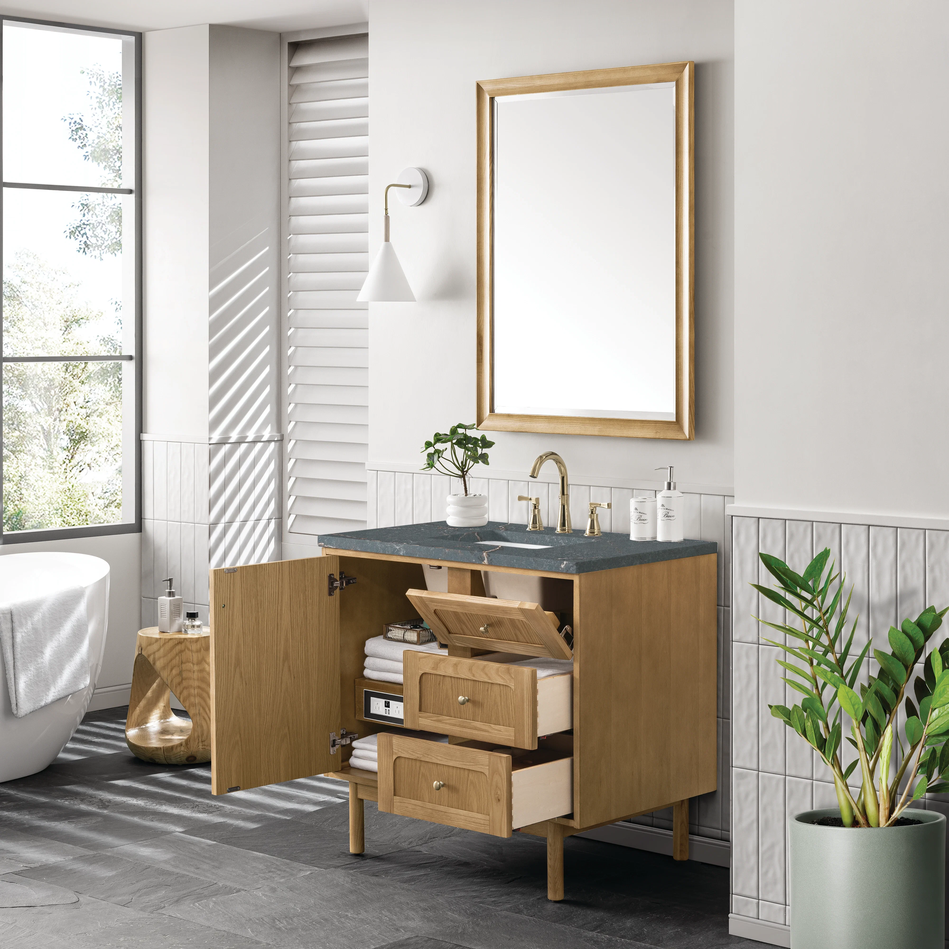 Laurent 36" Single Vanity, Light Natural Oak w/ 3 CM Parisien Bleu Top