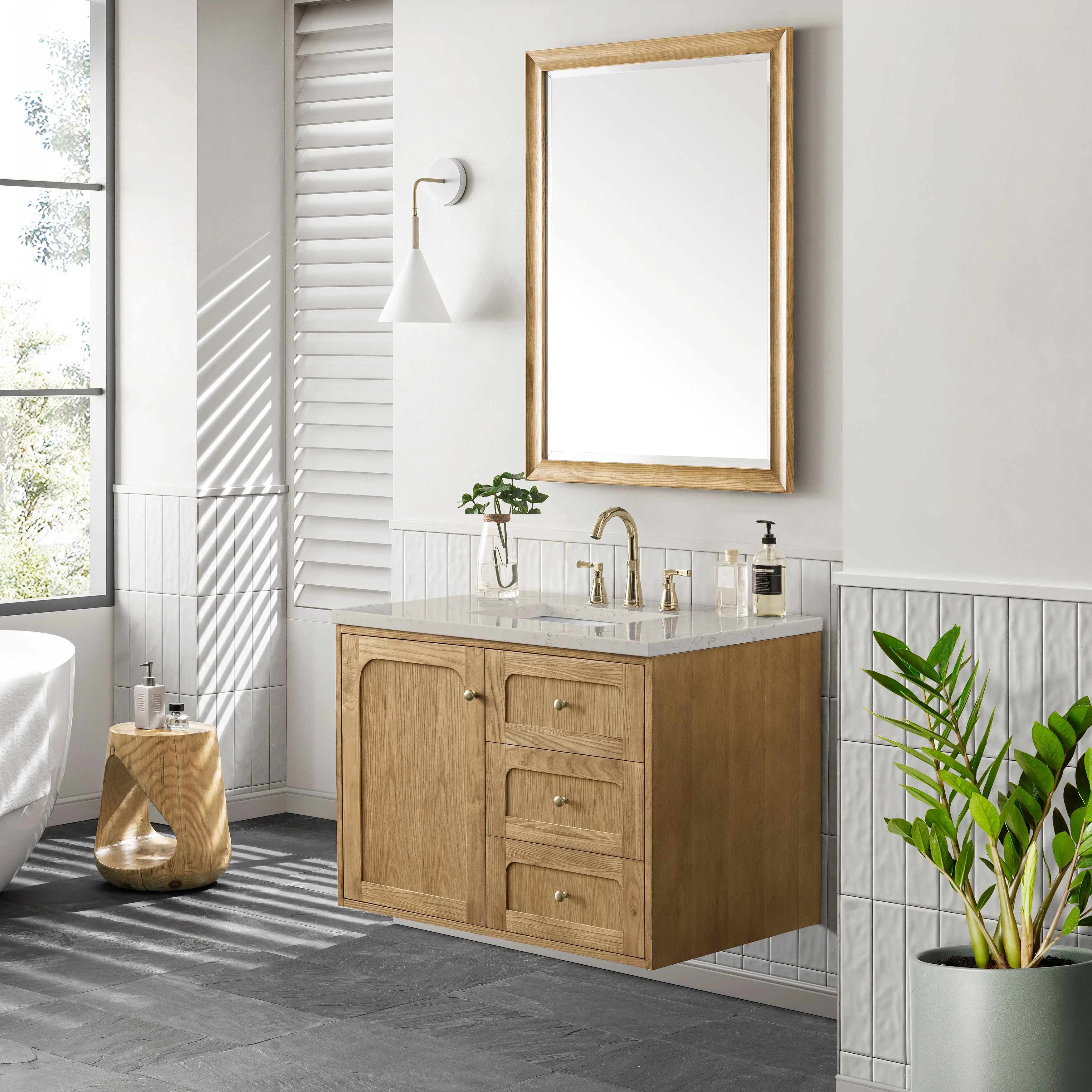 Laurent 36" Single Vanity, Light Natural Oak, w/ 3 CM Siberian Silestone Top