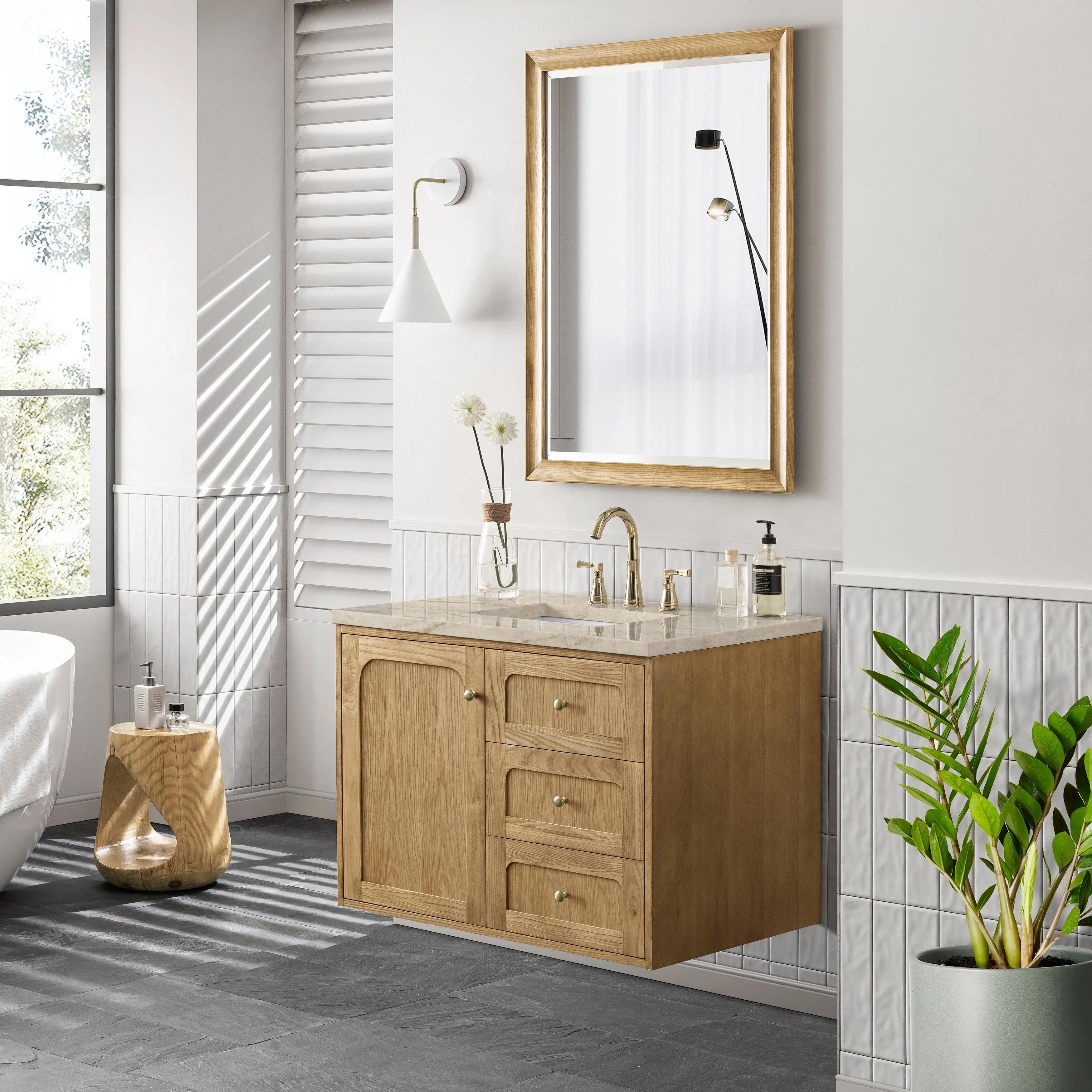 Laurent 36" Single Vanity, Light Natural Oak, w/ 3 CM Tajnar Eclos Top