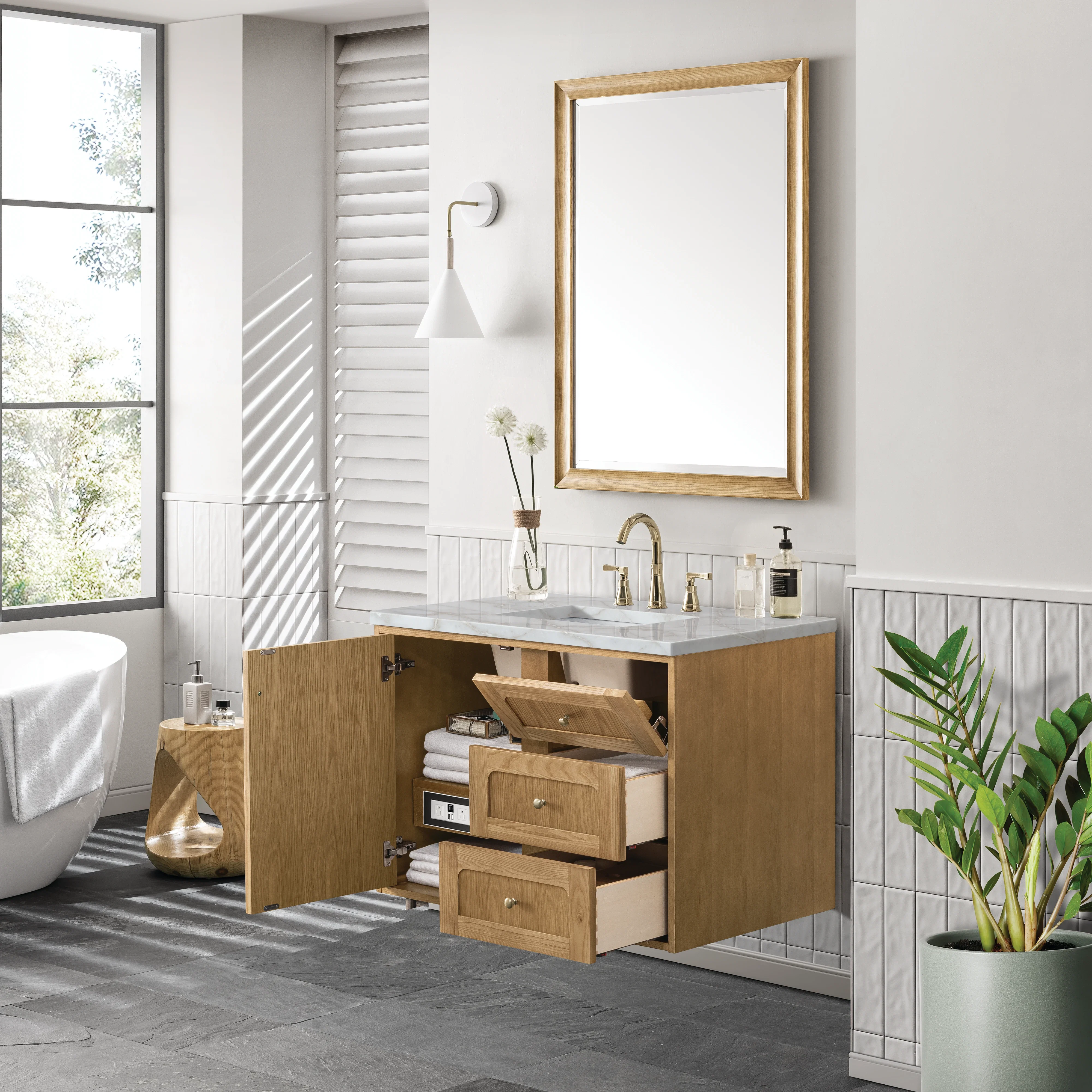 Laurent 36" Single Vanity, Light Natural Oak w/ 3 CM Victorian Silver Top