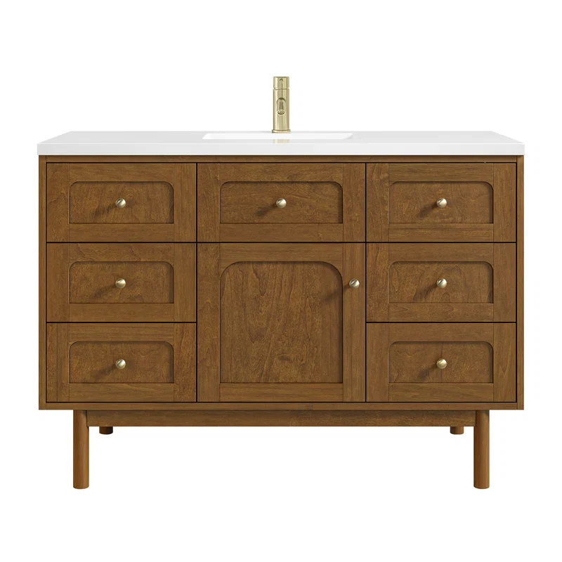 Laurent 48" Single Vanity, Honey Oak w/ Single Hole 3 CM White Zeus Silestone Top and Matching Backsplash