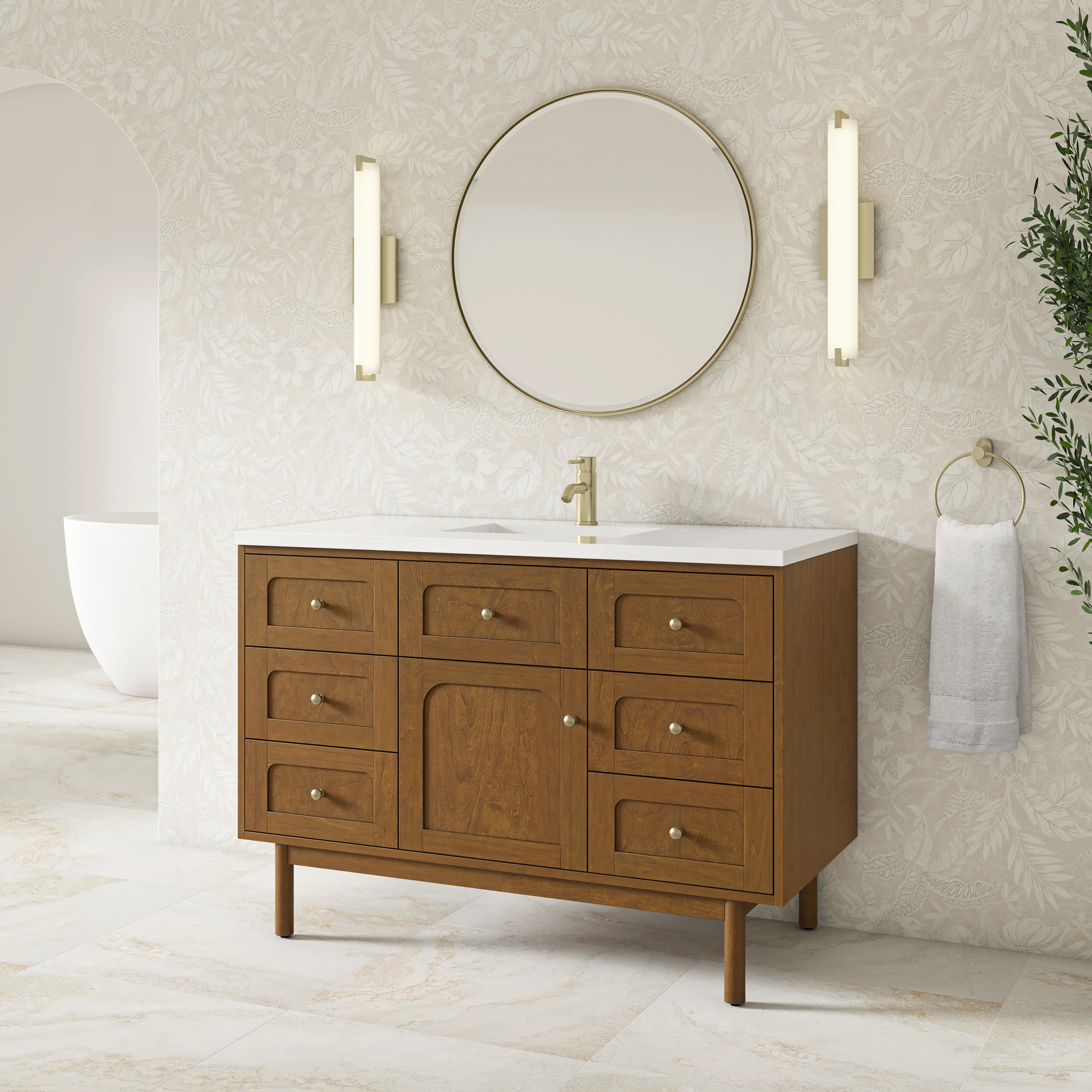 Laurent 48" Single Vanity, Honey Oak w/ Single Hole 3 CM White Zeus Silestone Top and Matching Backsplash
