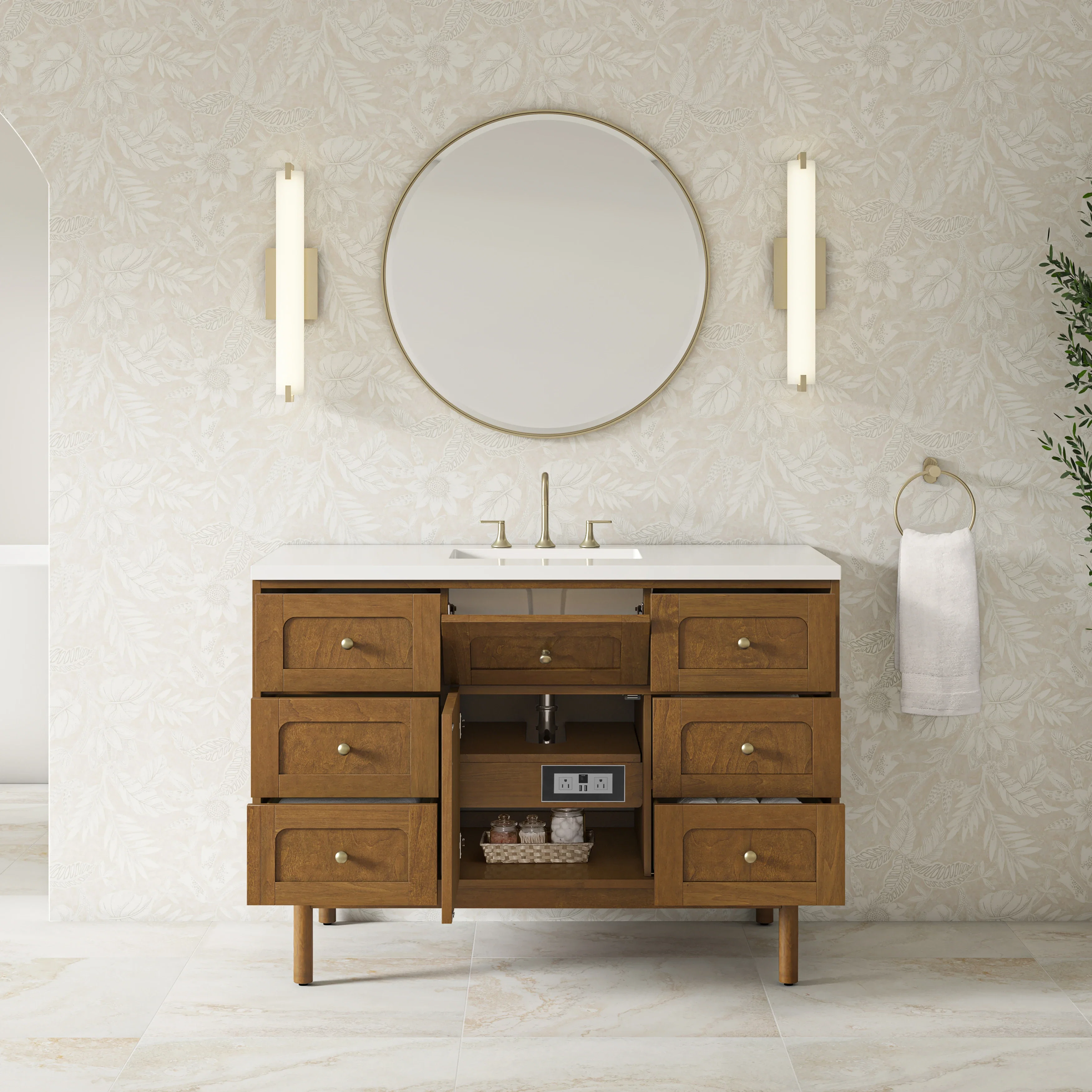 Laurent 48" Single Vanity, Honey Oak w/ 3 CM White Zeus Silestone Top